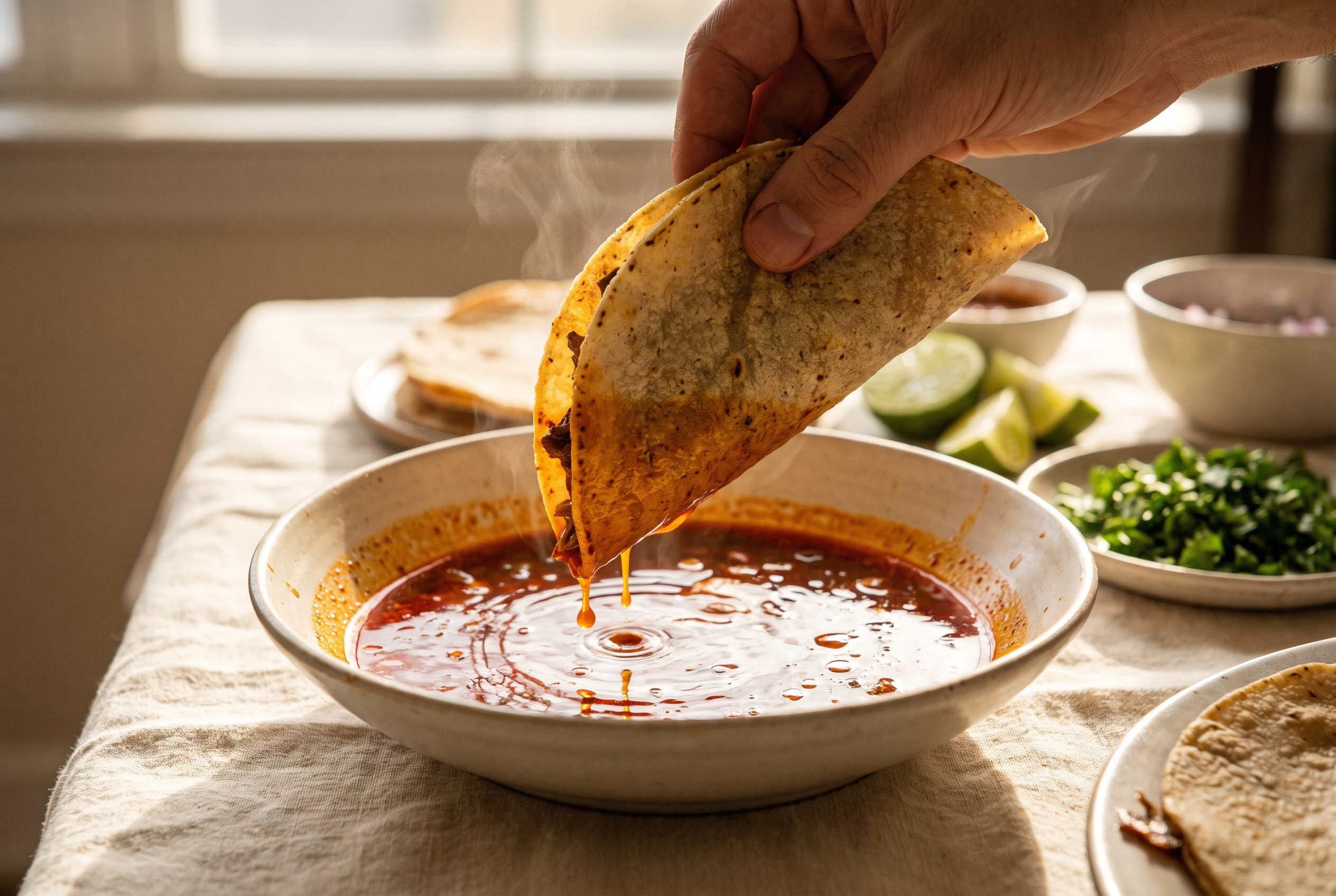 A corn tortilla being dipped into red consommé fat in a shallow bowl