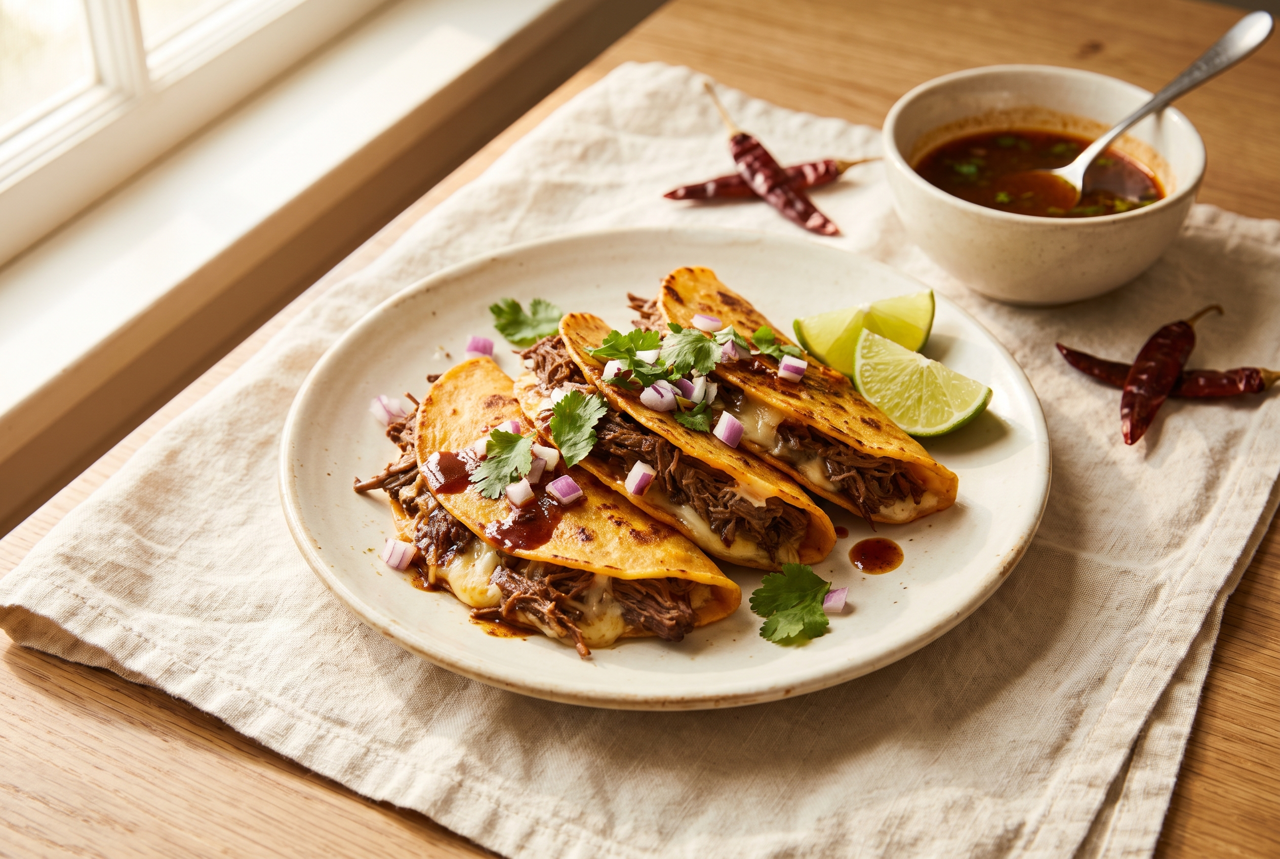Three crispy quesabirria tacos on a plate with a cup of red birria consommé topped with onion and cilantro, lime wedges and a small dish of salsa