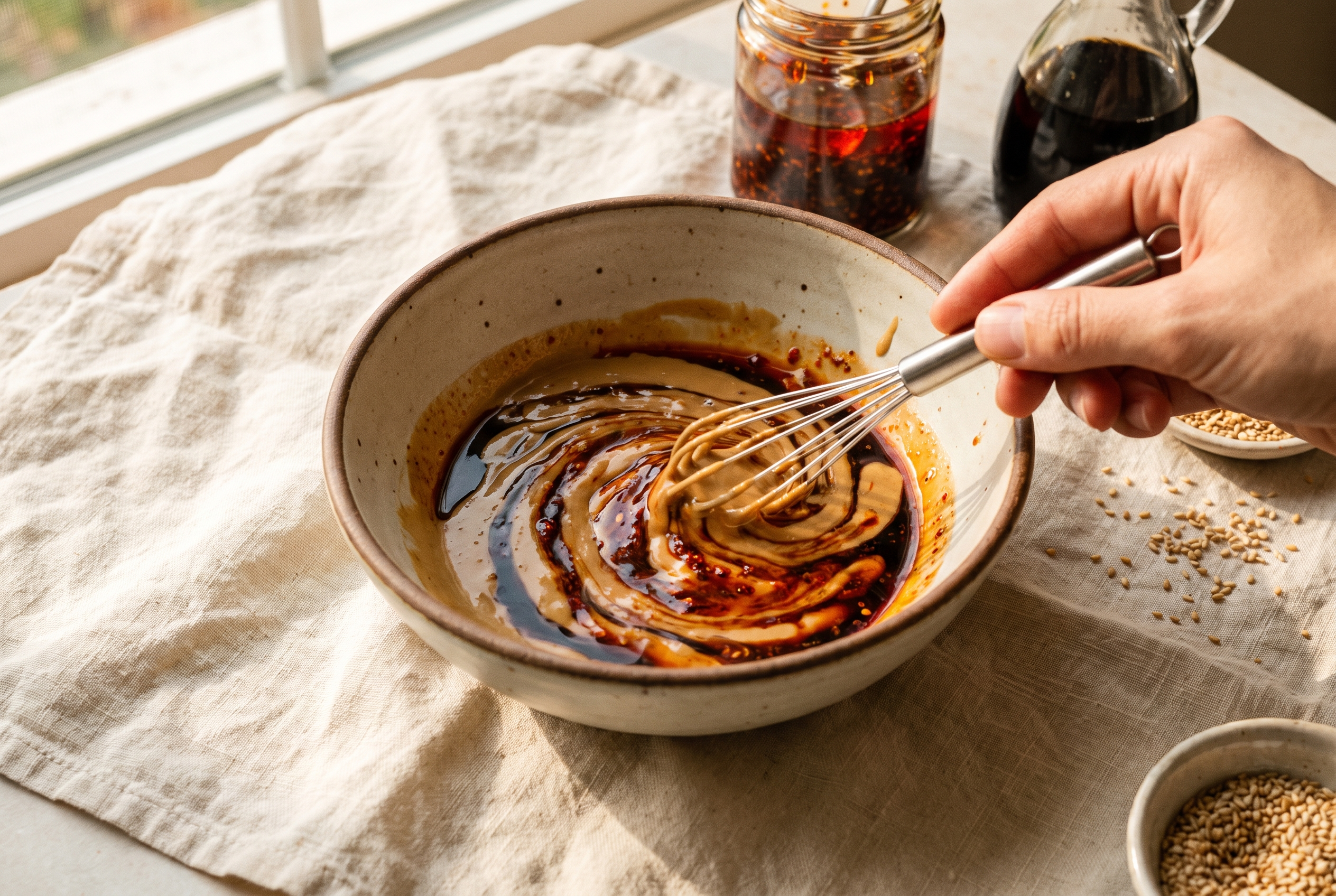 Sesame paste, soy sauce, chili oil and black vinegar being whisked into a sauce in a small bowl