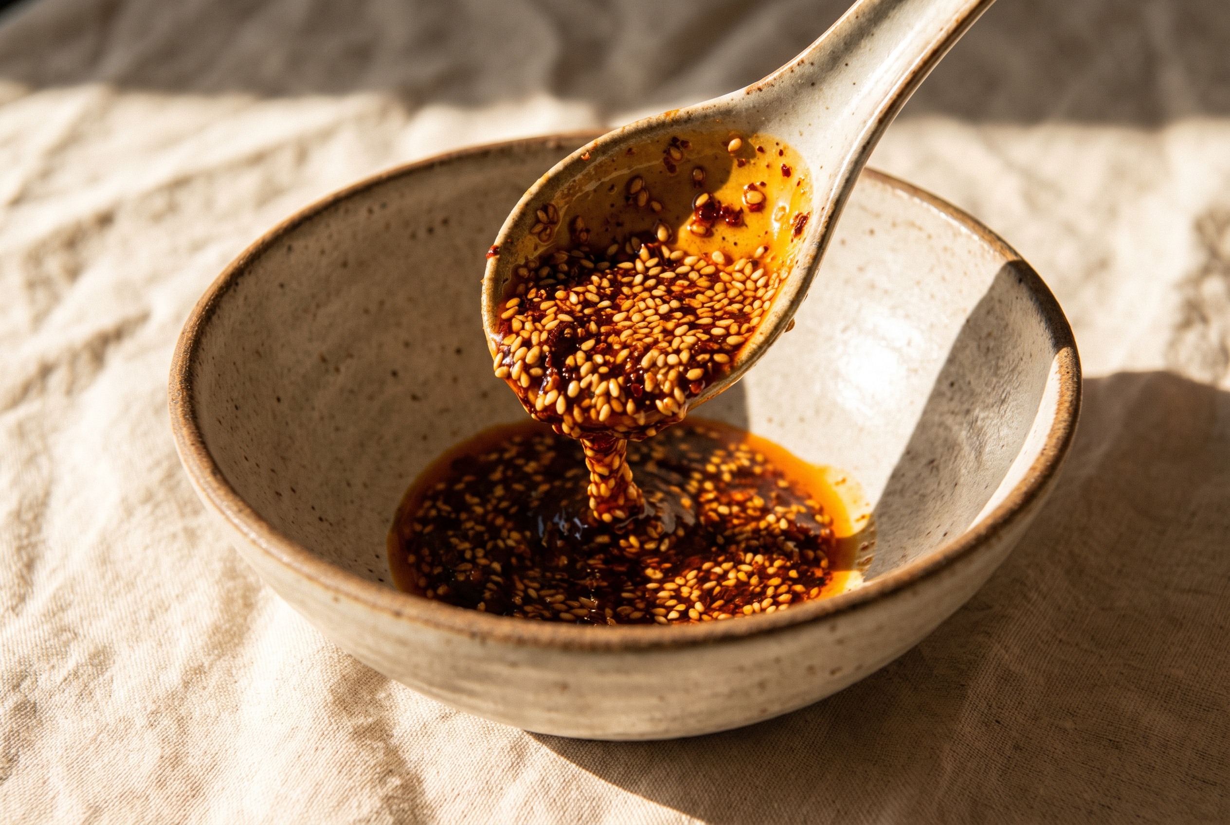 A spoonful of sesame chili sauce being spooned into the bottom of a serving bowl