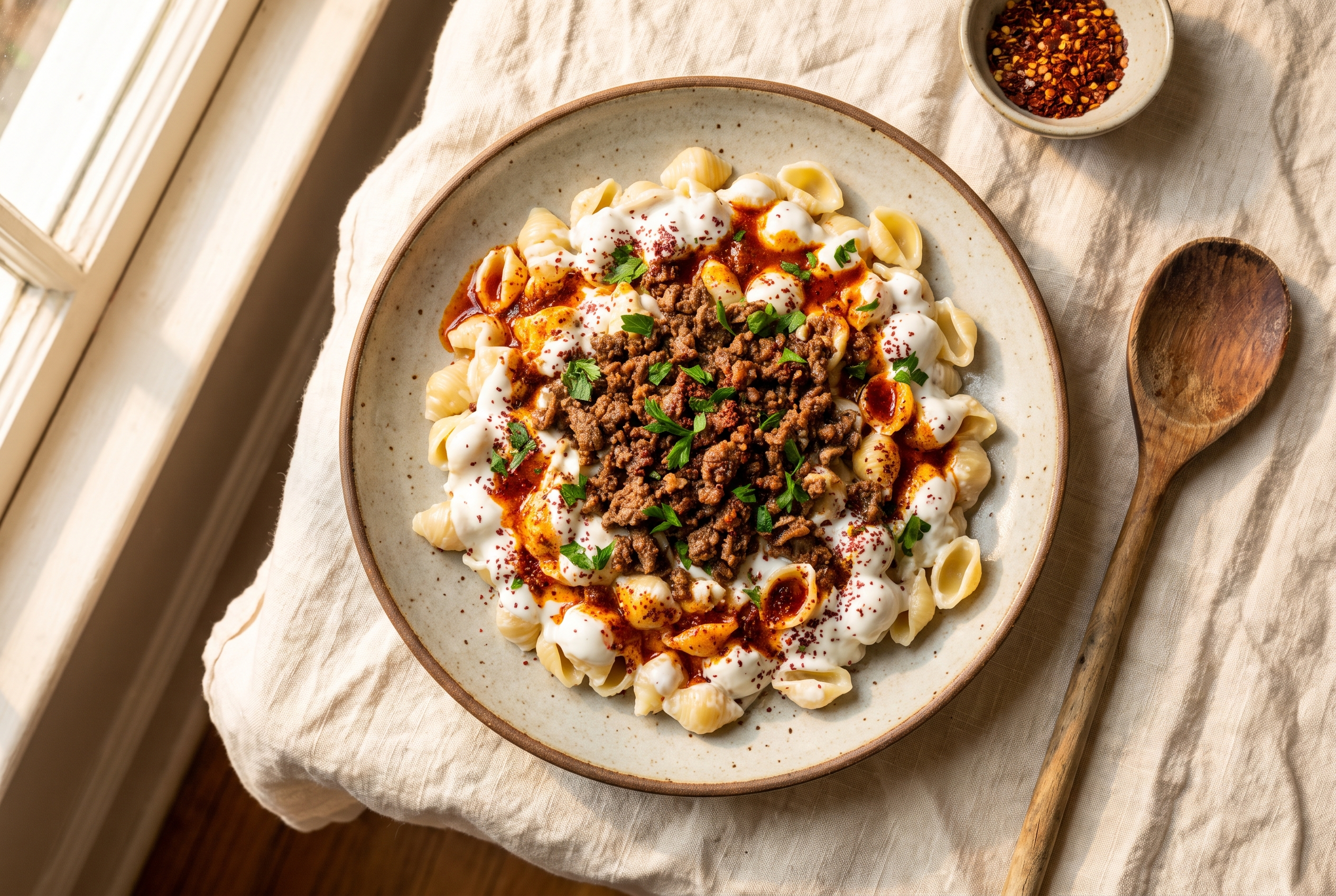 A plate of Turkish pasta: pasta shells tossed in garlic yogurt, topped with spiced ground beef, drizzled with red paprika butter and sprinkled with parsley and sumac
