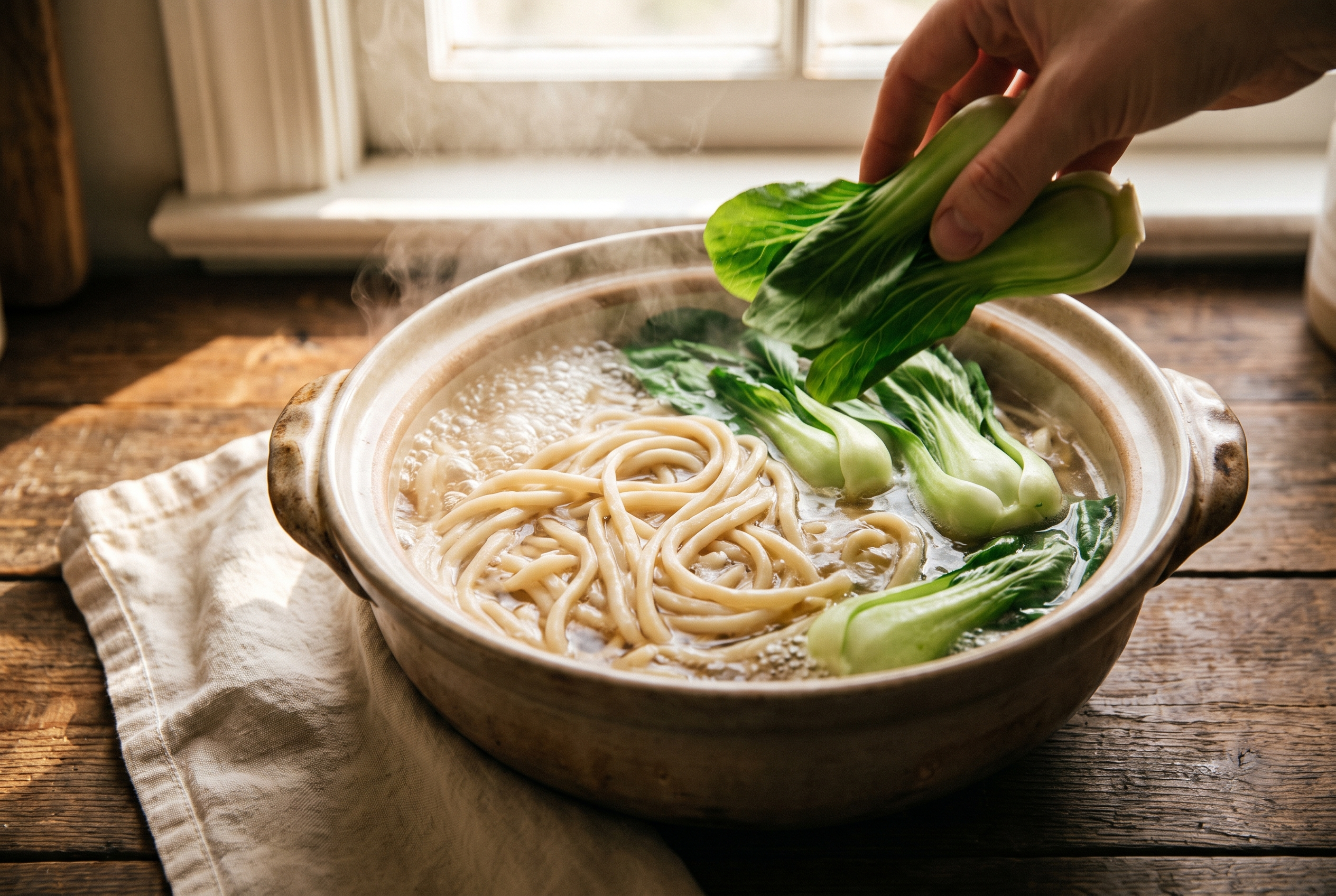 Wheat noodles boiling in a pot with a handful of baby bok choy added