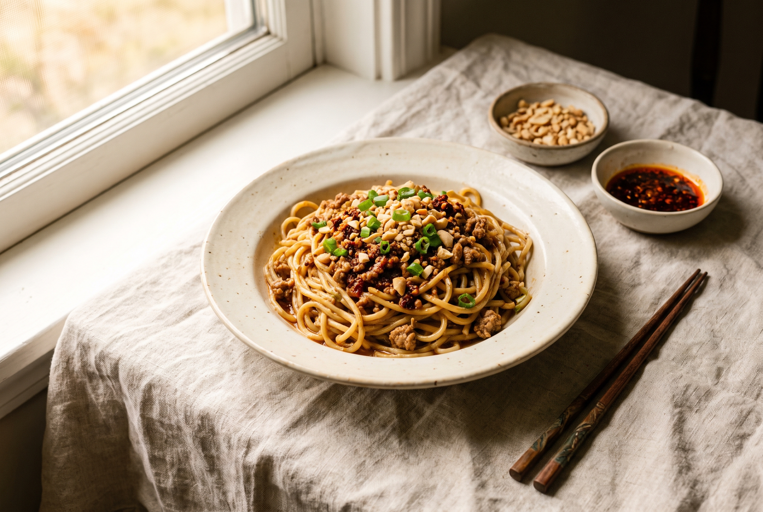 A tossed bowl of dan dan noodles coated in red sesame chili sauce with crispy pork, bok choy, scallions and peanuts, chopsticks lifting a bite