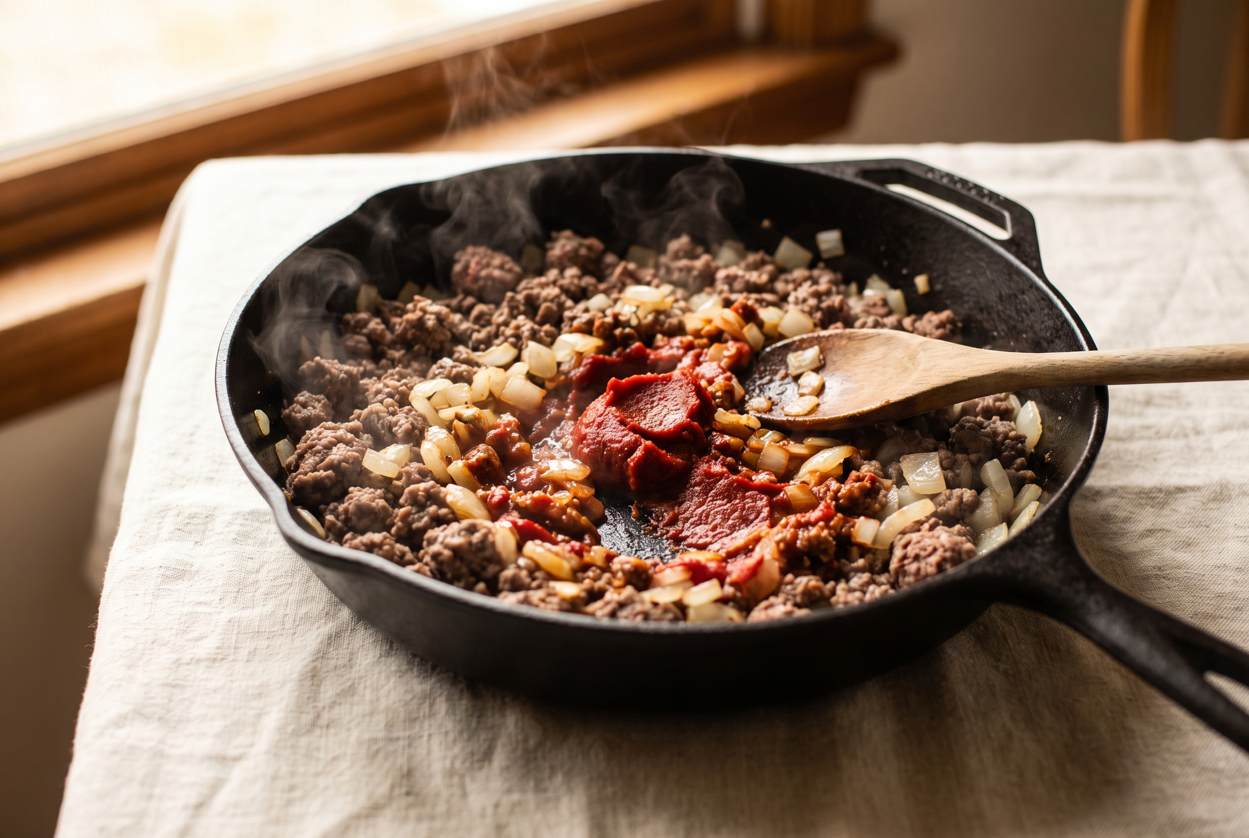 Ground beef browning in a skillet with diced onion and tomato paste