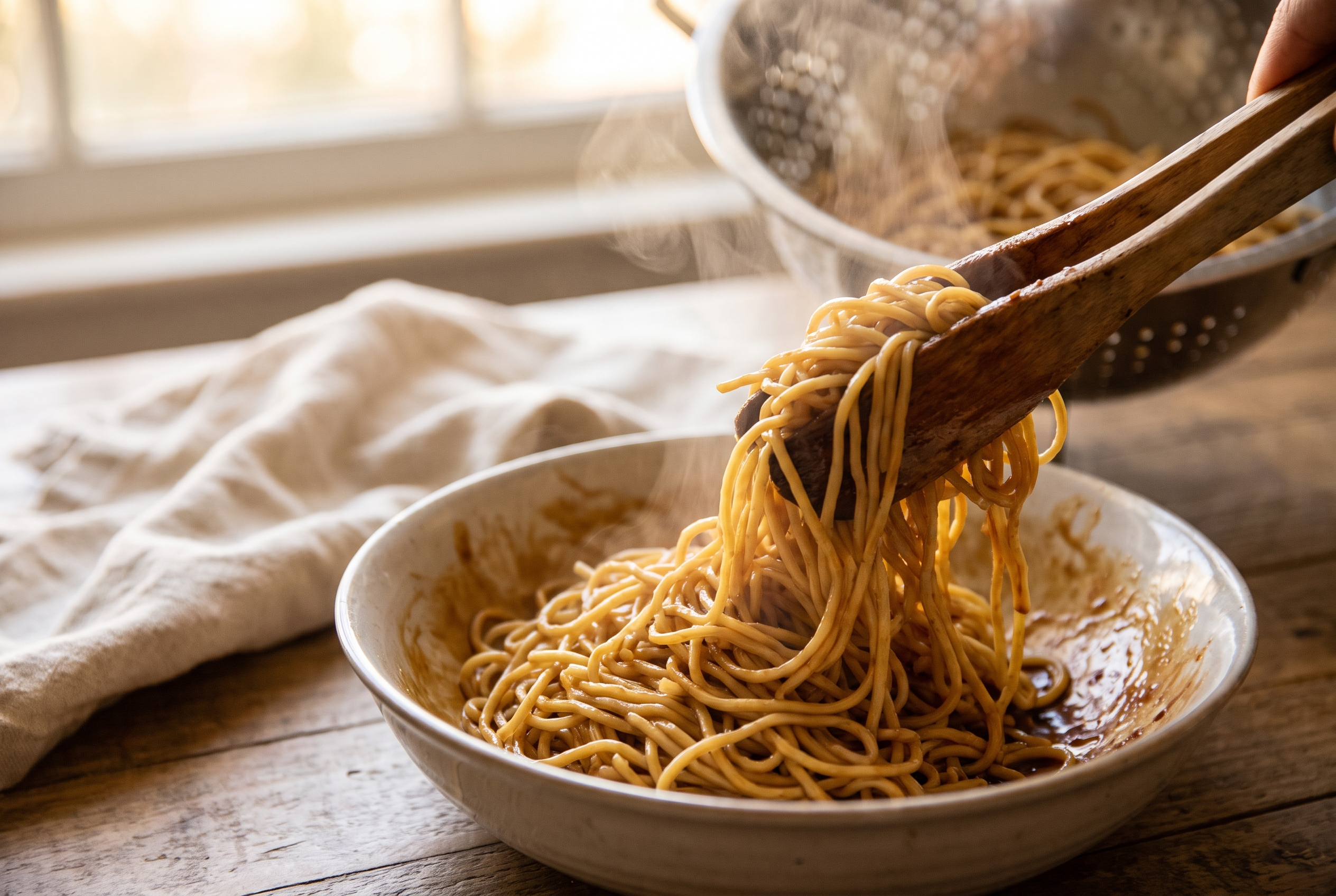Cooked noodles being lifted with tongs into a sauce-lined bowl