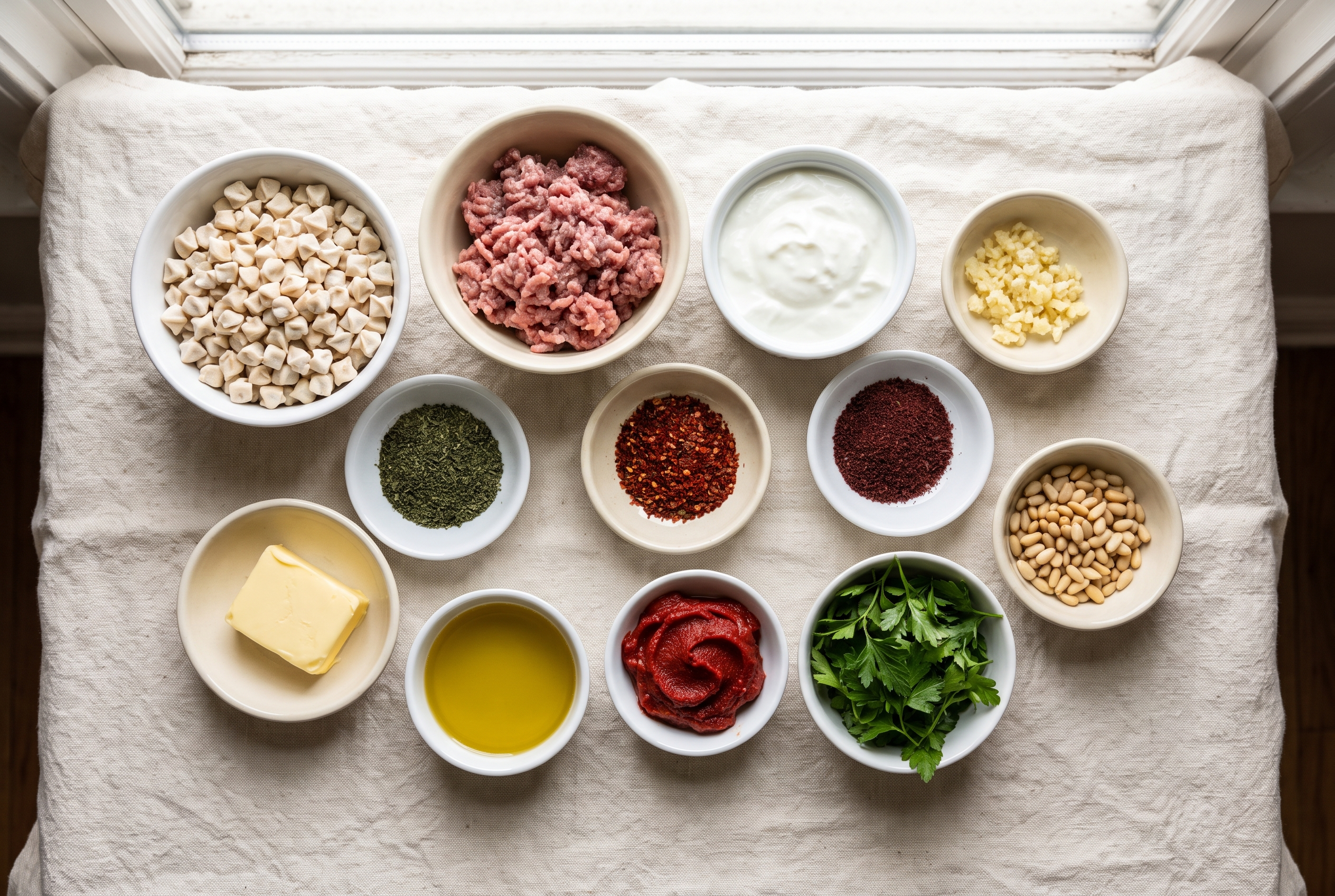 Ingredients for Turkish pasta in small bowls: ground beef, diced onion, tomato paste, cumin, paprika, Aleppo pepper, oregano, Greek yogurt, garlic, lemon, pasta shells, butter, chili flakes, parsley and sumac