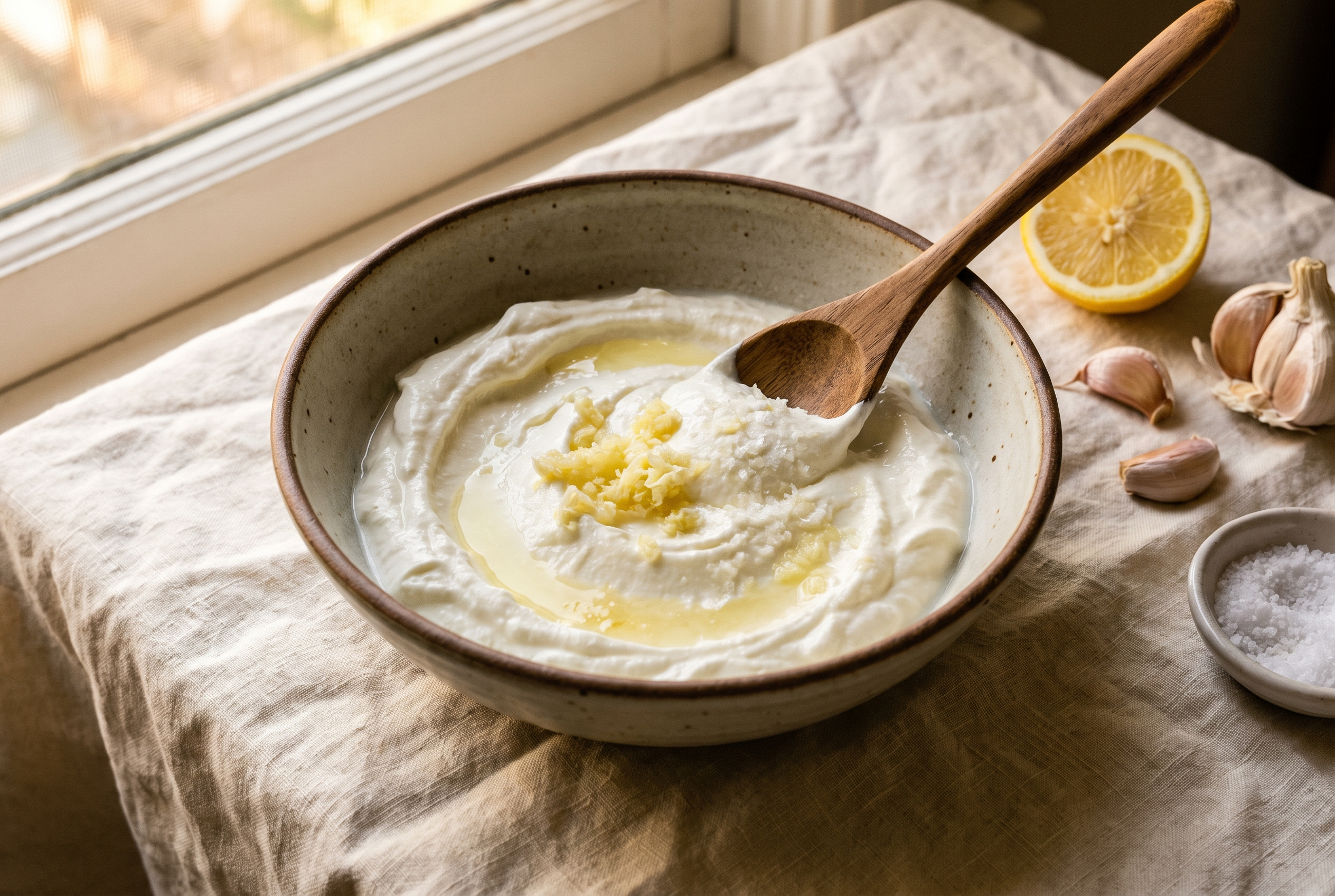 Plain Greek yogurt being stirred with grated garlic, lemon and salt in a bowl