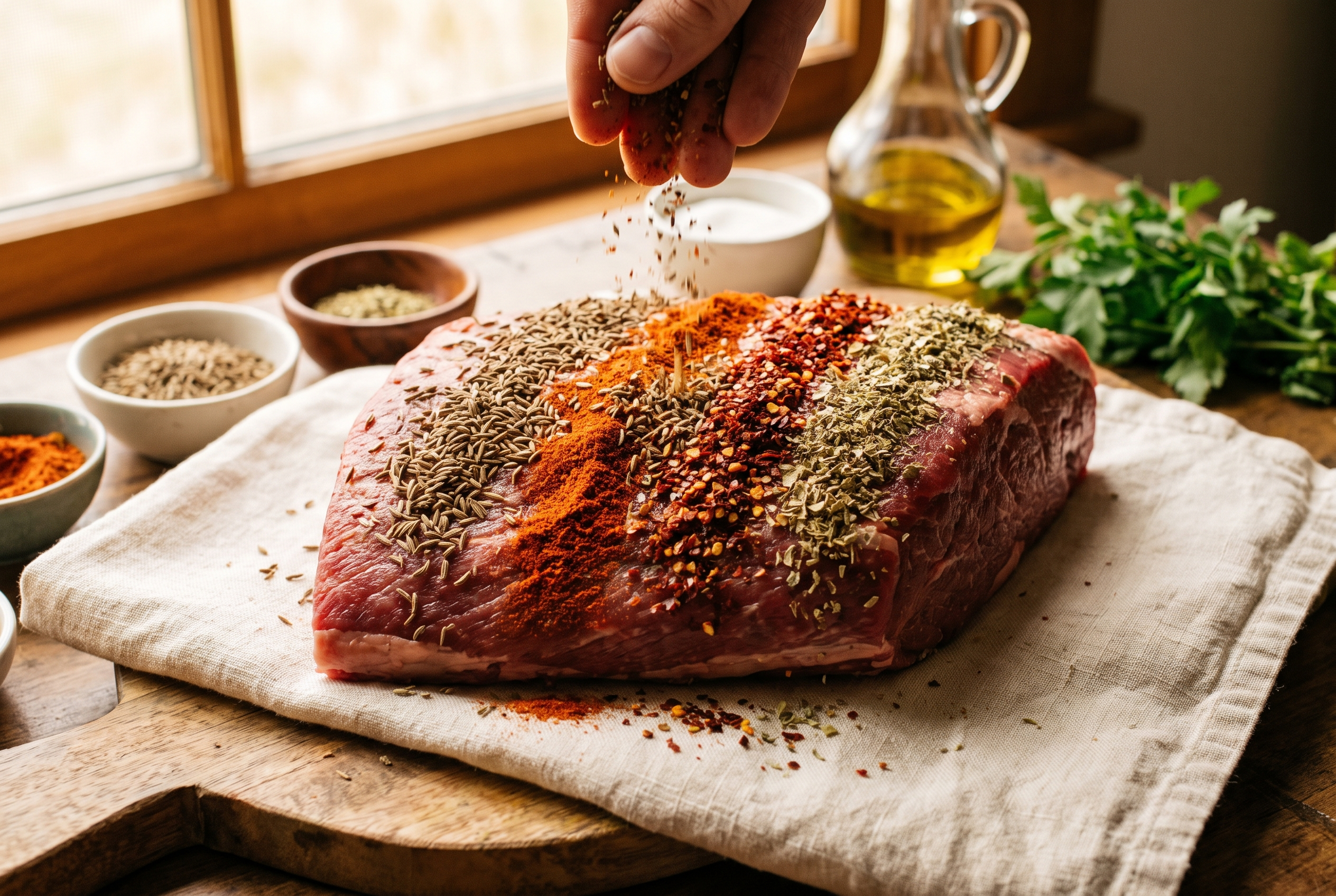 Cumin, paprika, Aleppo pepper and oregano being sprinkled over browned beef in a skillet