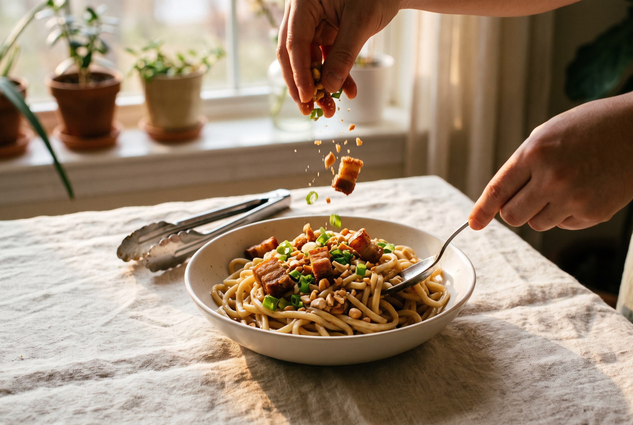 Crispy pork, scallions and crushed peanuts being scattered over a bowl of dan dan noodles
