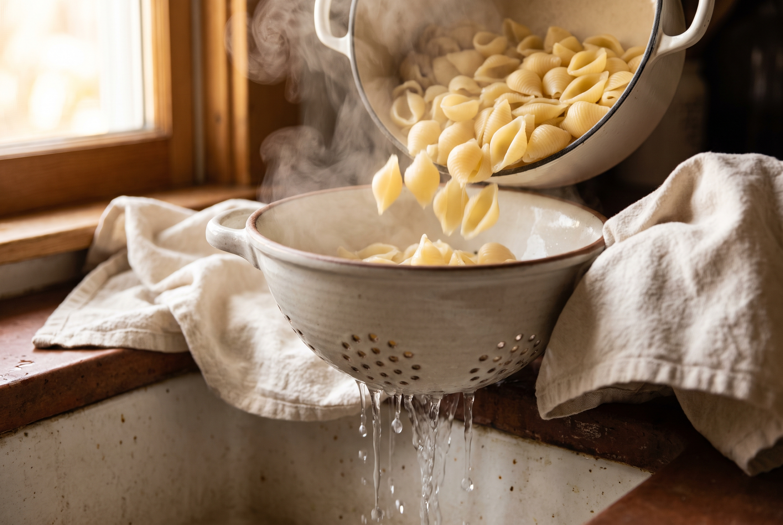 Pasta shells draining in a colander with steam rising