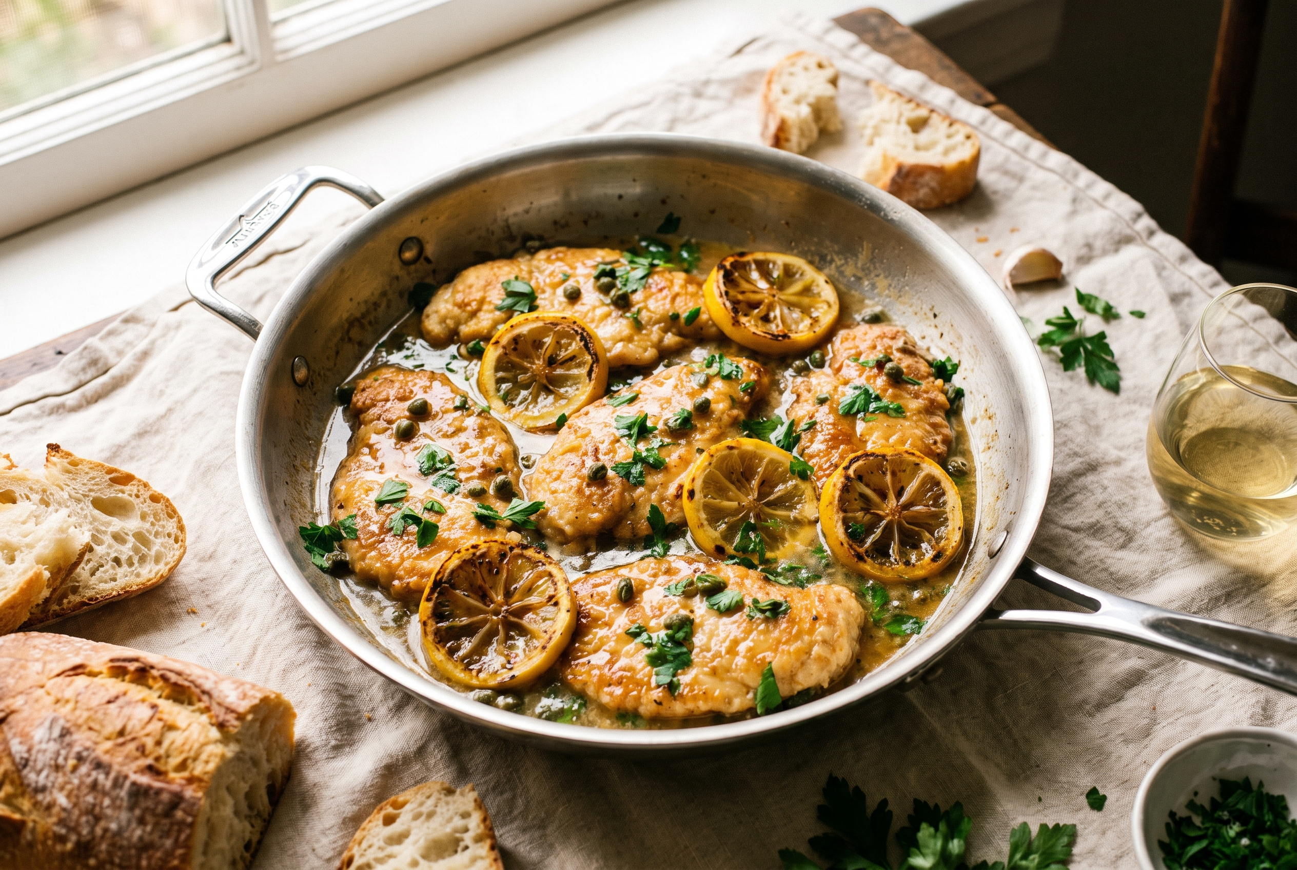 Chicken piccata with golden pan-seared chicken cutlets in a glossy lemon butter caper sauce with lemon slices and parsley in a stainless skillet