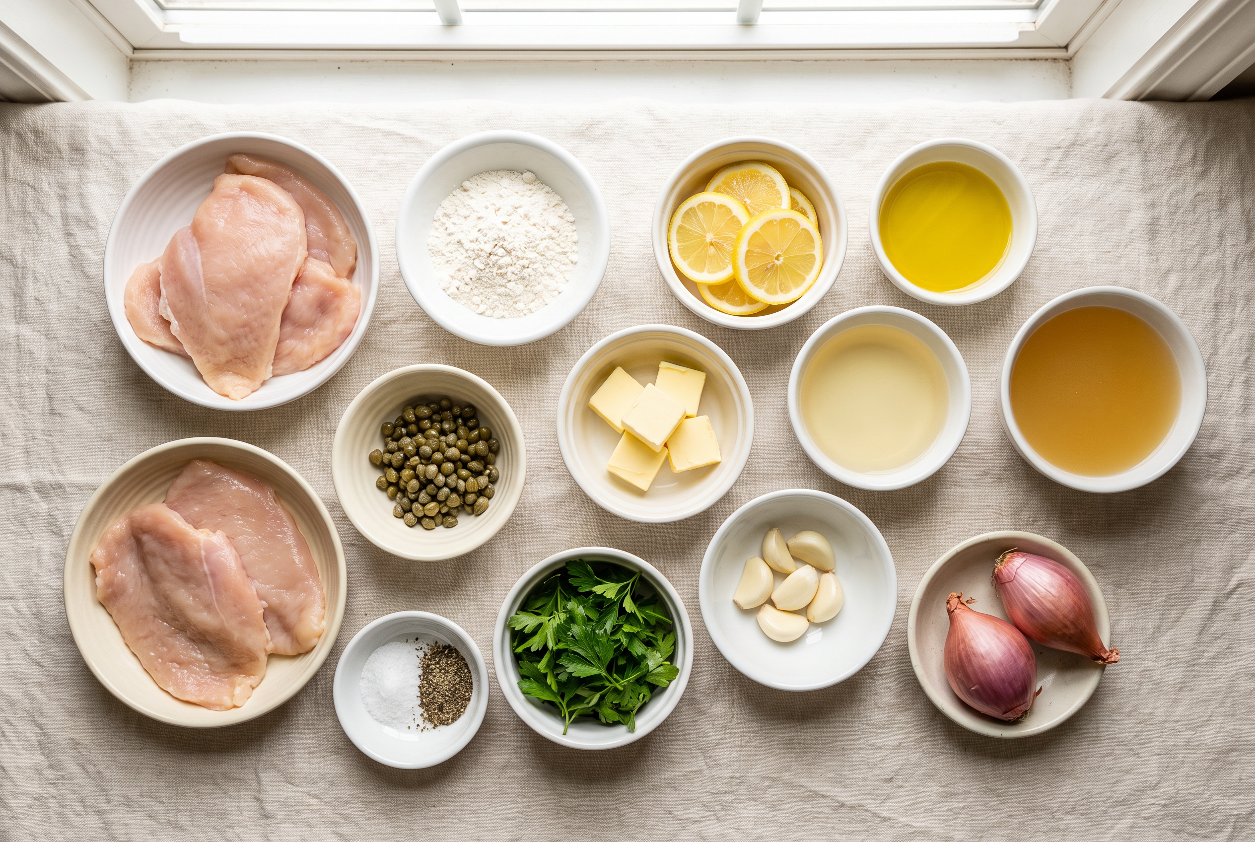 Ingredients for chicken piccata: chicken breasts, a plate of seasoned flour, butter, olive oil, white wine, chicken broth, lemons, capers, garlic and fresh parsley