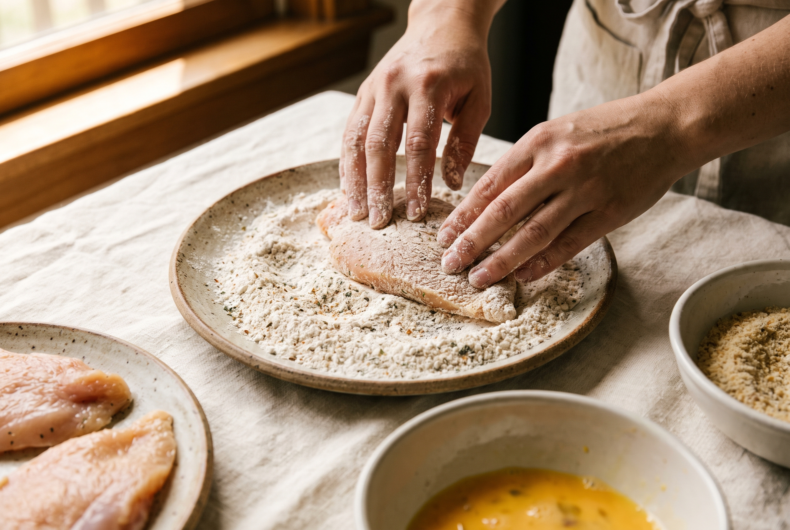 Chicken cutlets being dredged in seasoned flour on a plate