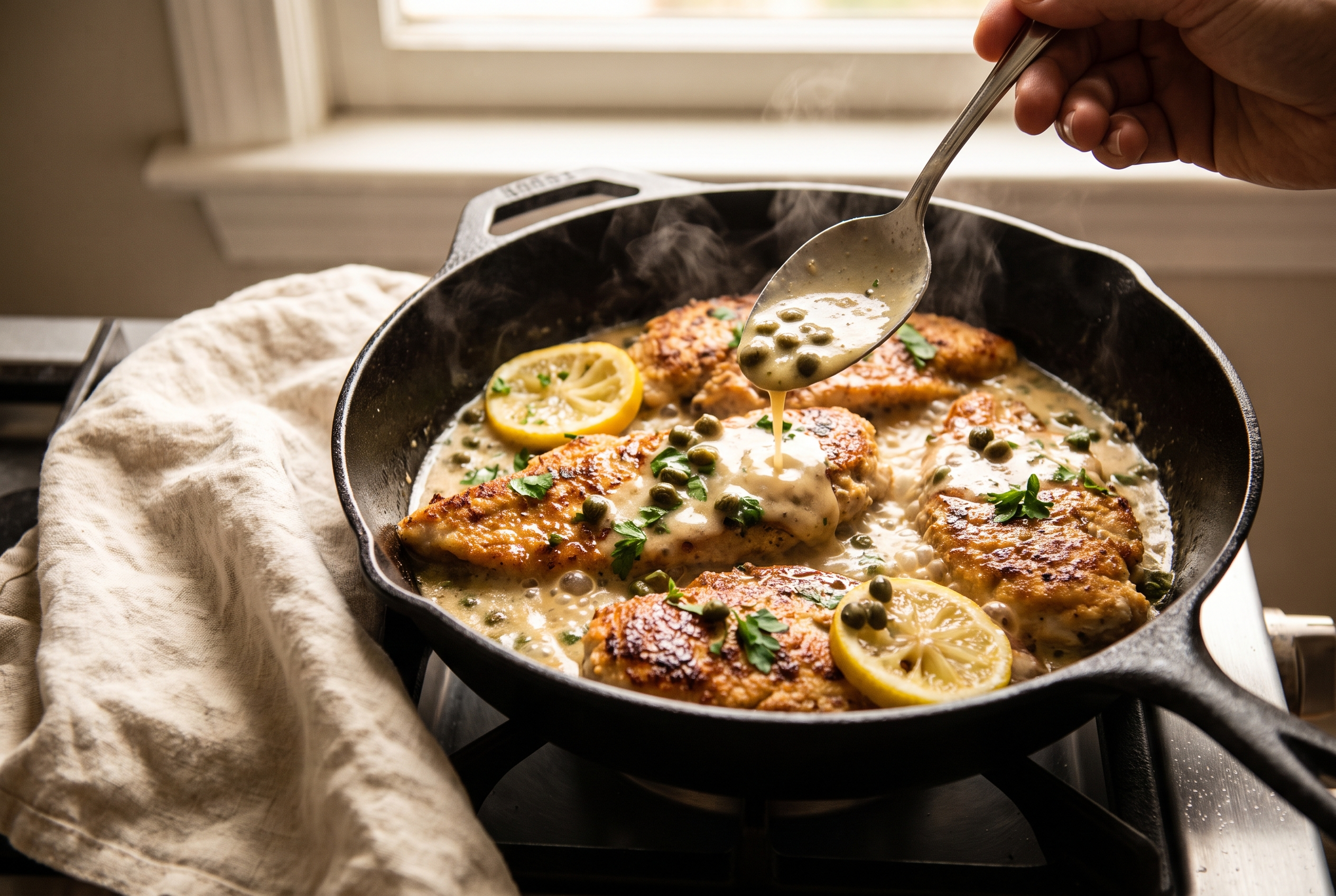Chicken cutlets returned to the skillet and spooned with lemon caper sauce