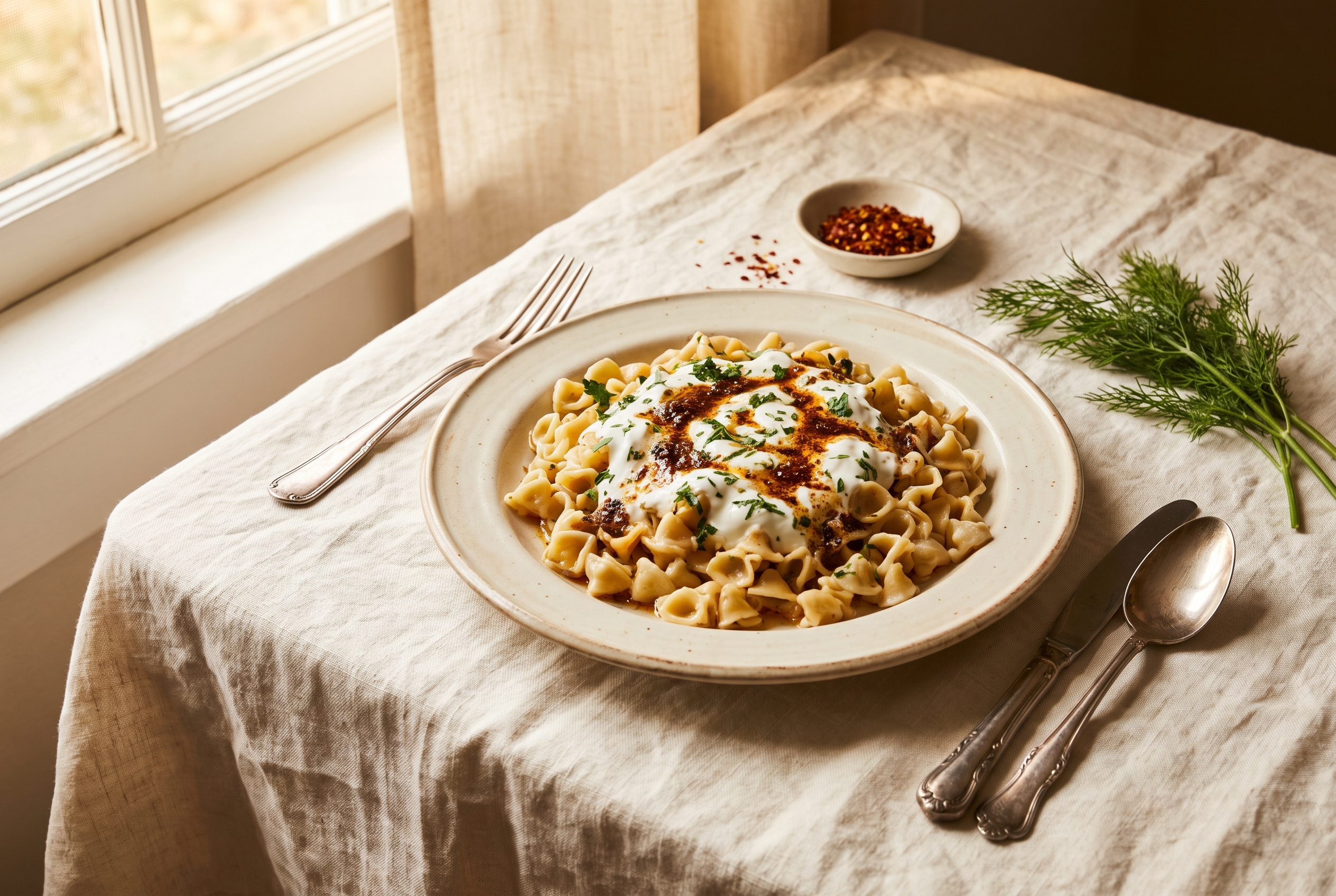 A finished plate of Turkish pasta with creamy garlic yogurt shells, spiced ground beef, red paprika butter pooling on top, parsley and sumac, with a lemon wedge