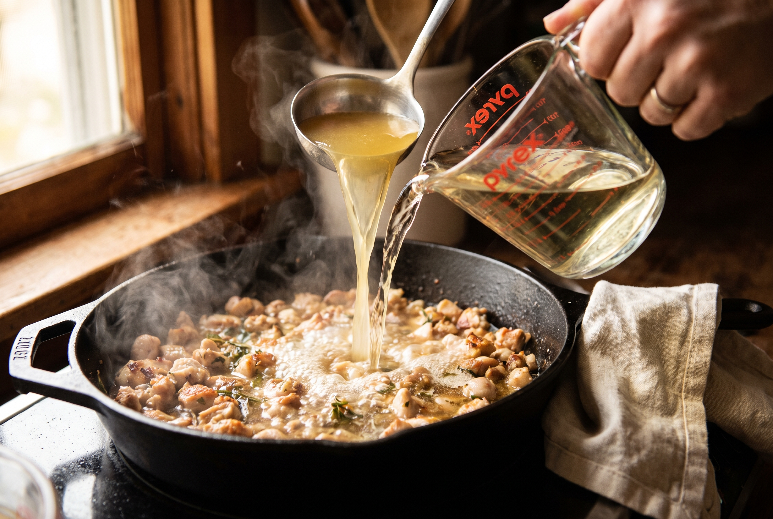 White wine and chicken broth being poured into a hot skillet to deglaze