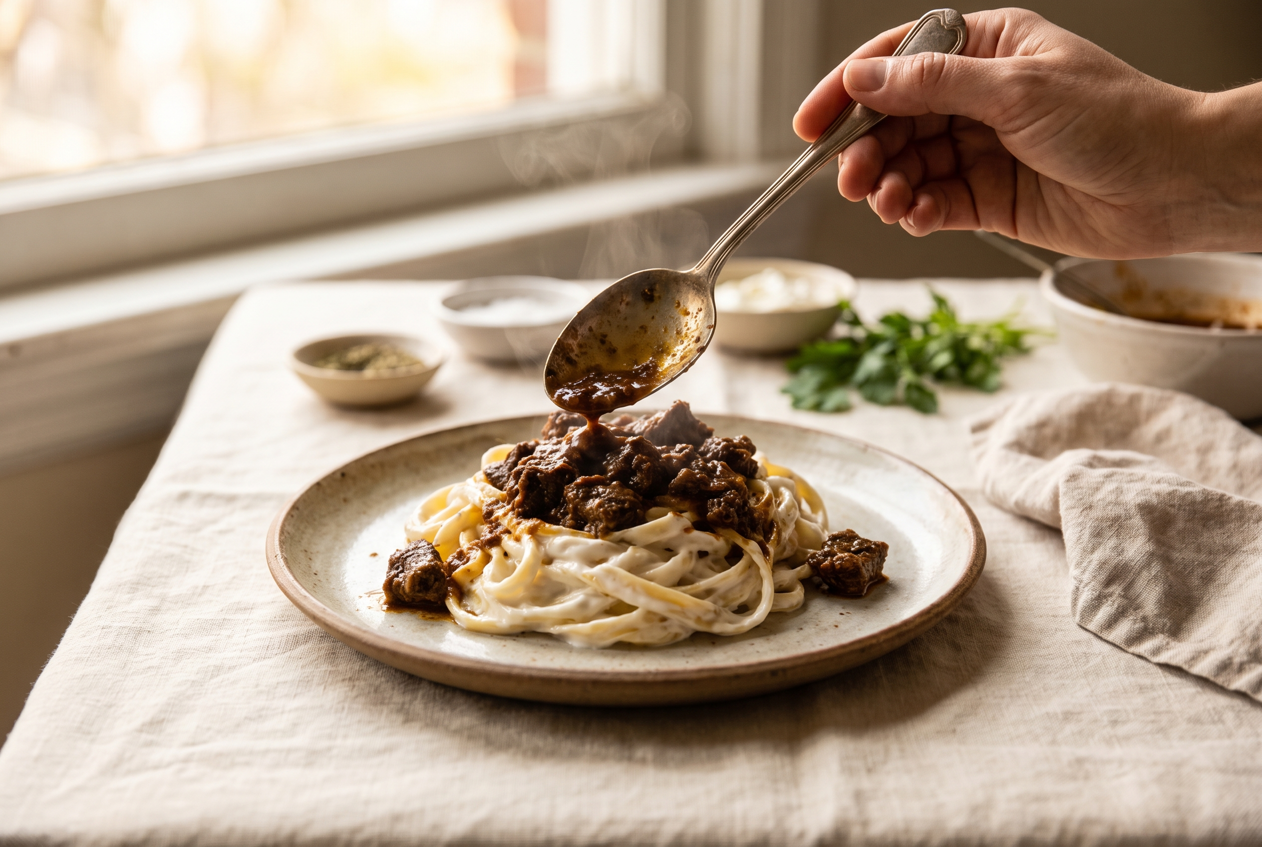 Spiced ground beef being spooned over yogurt-coated pasta shells on a plate