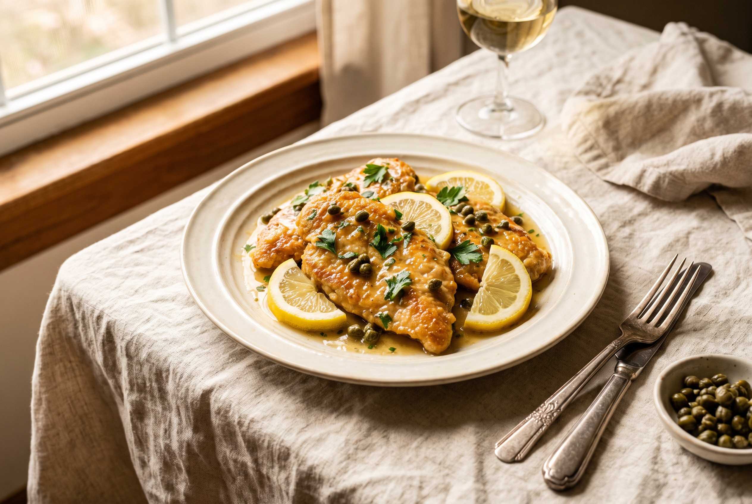 Chicken piccata served on a plate over angel hair pasta with lemon caper sauce spooned over, lemon slices, parsley and a side of green beans