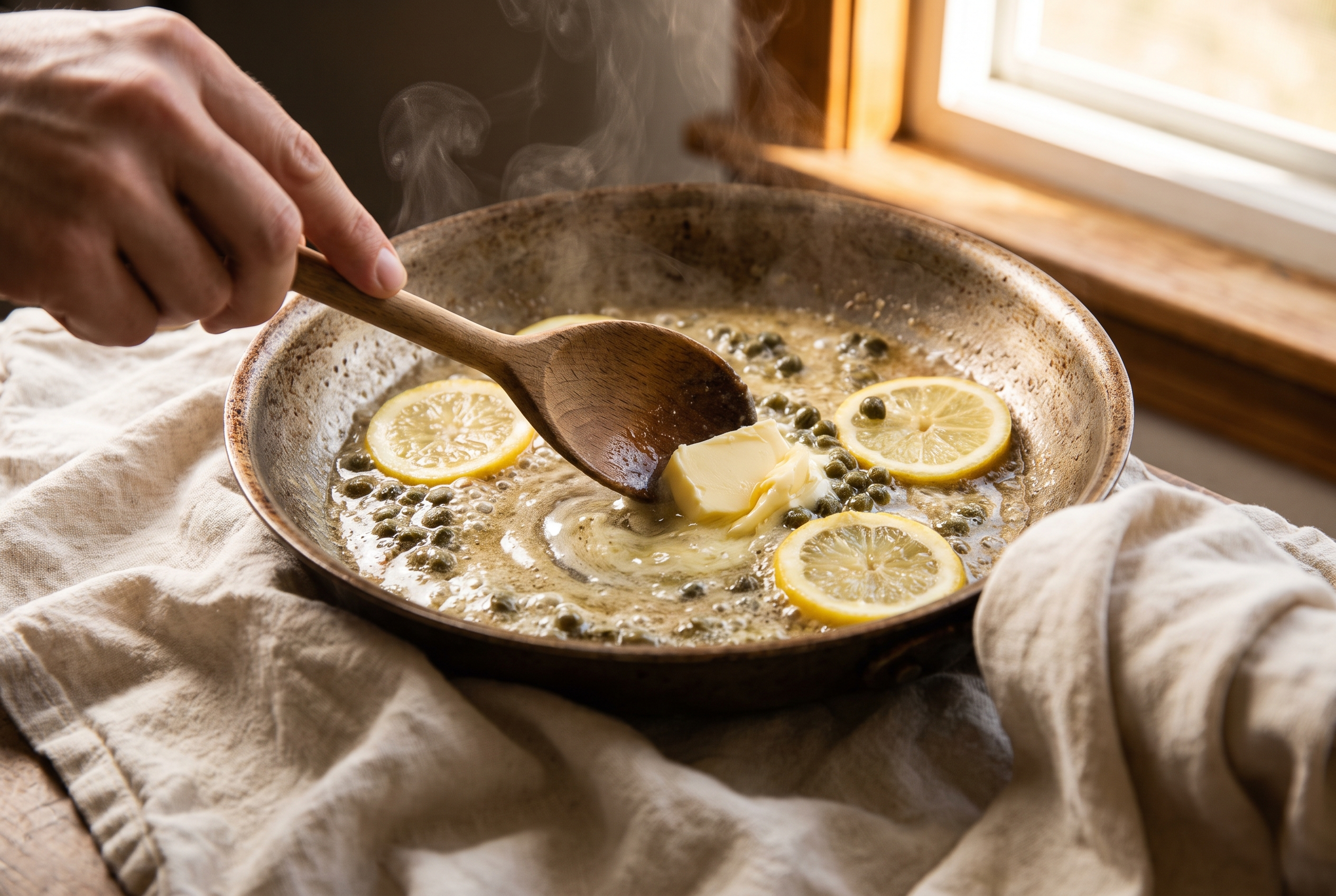 Capers, lemon slices and cold butter being swirled into the pan sauce