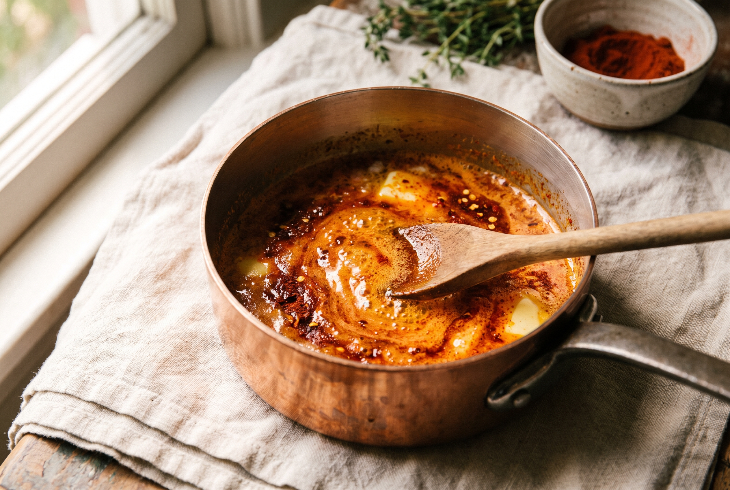 Butter melting with paprika and chili flakes in a small saucepan, turning bright red
