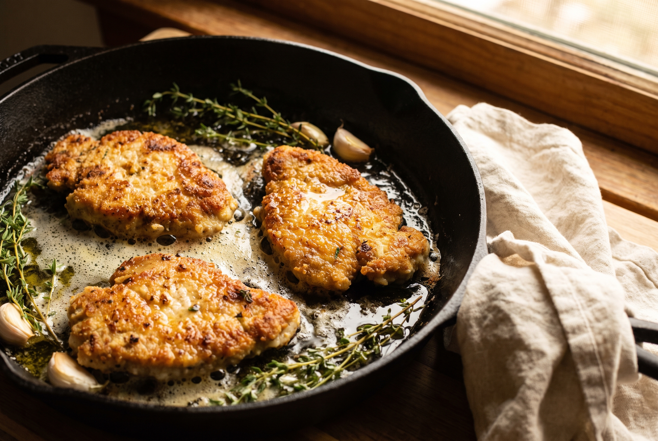 Chicken cutlets searing golden in butter and olive oil in a skillet