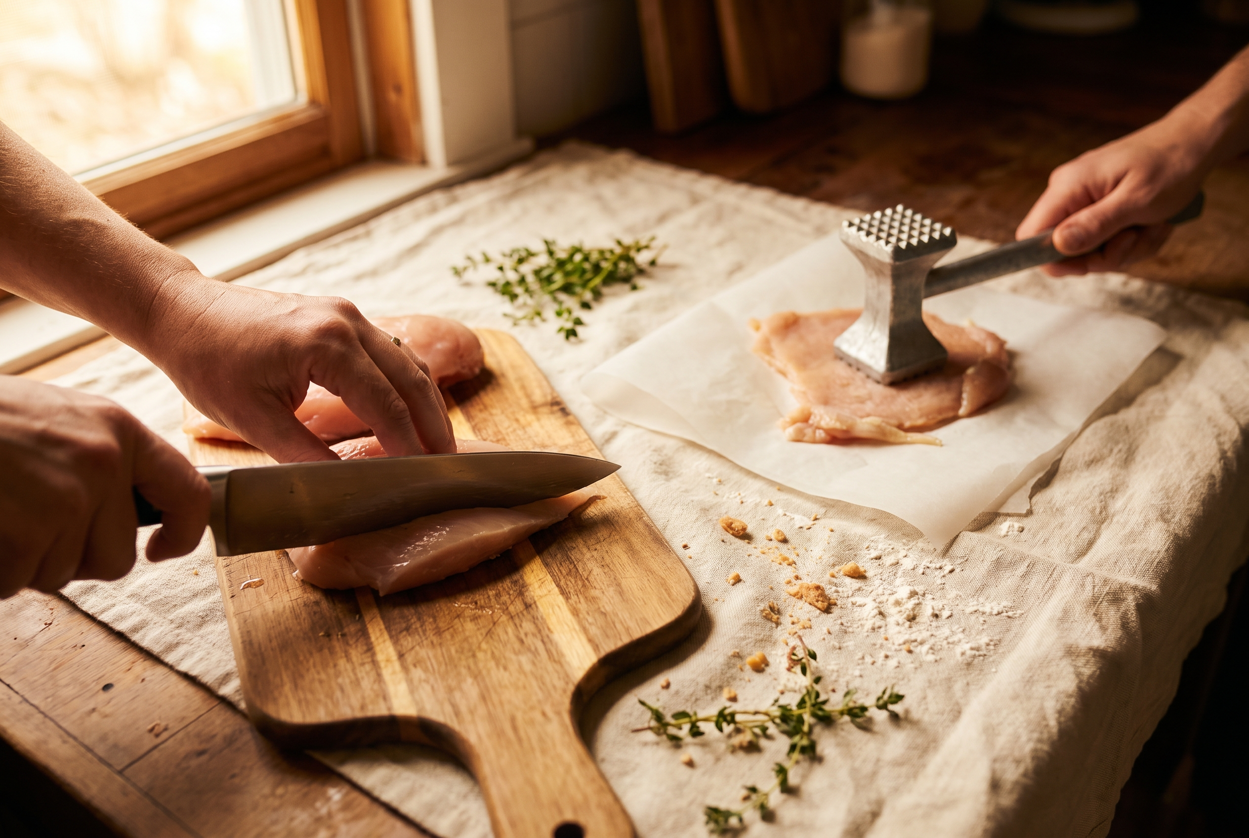 Chicken breasts being sliced in half and pounded thin between parchment