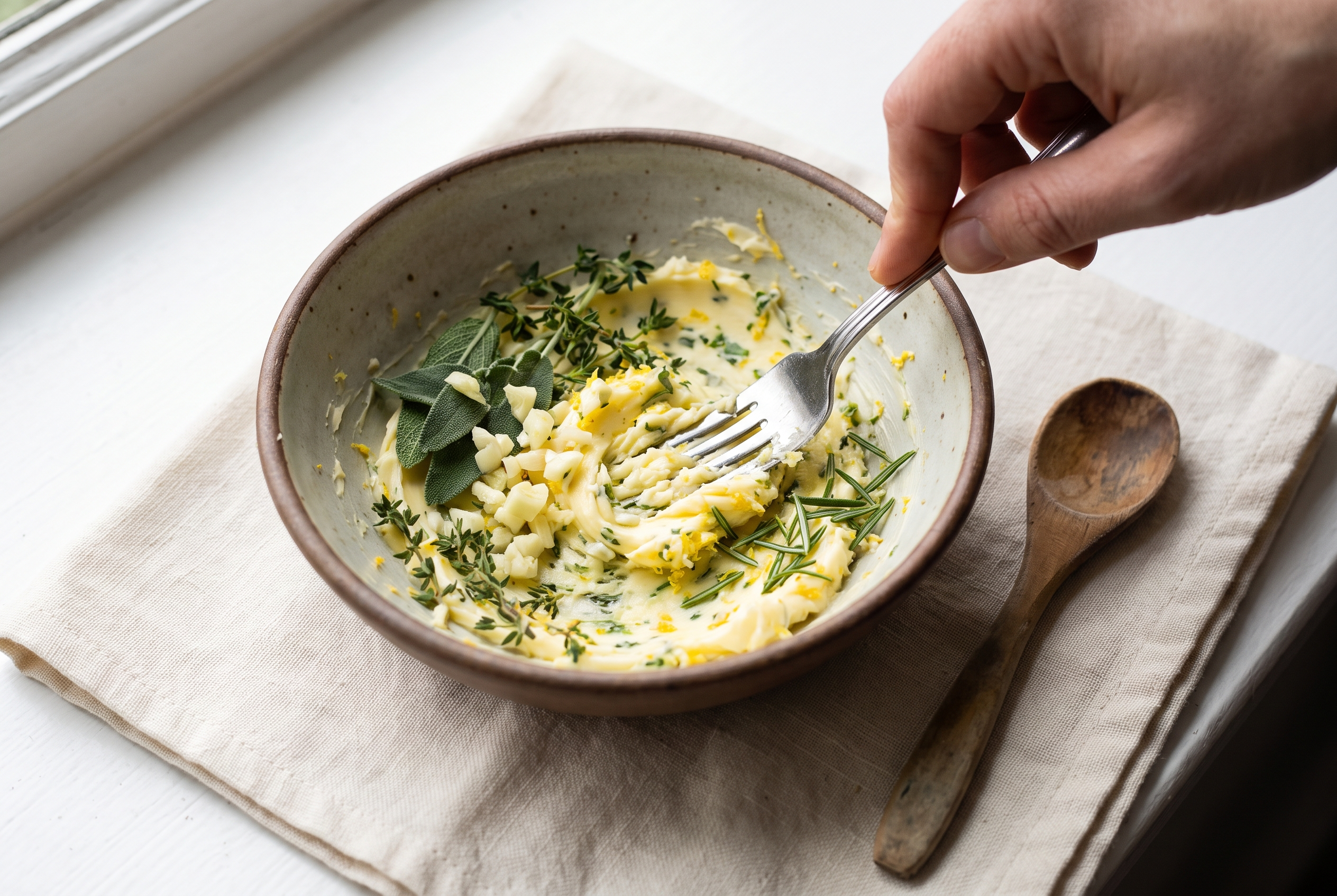 Softened butter being mixed with garlic, sage, thyme, rosemary and lemon zest in a bowl