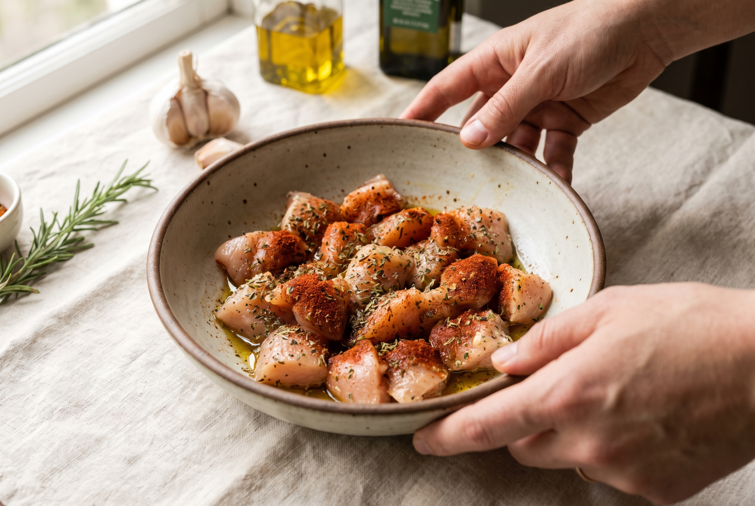 Bite-size chicken breast pieces seasoned with Italian seasoning and paprika in a bowl