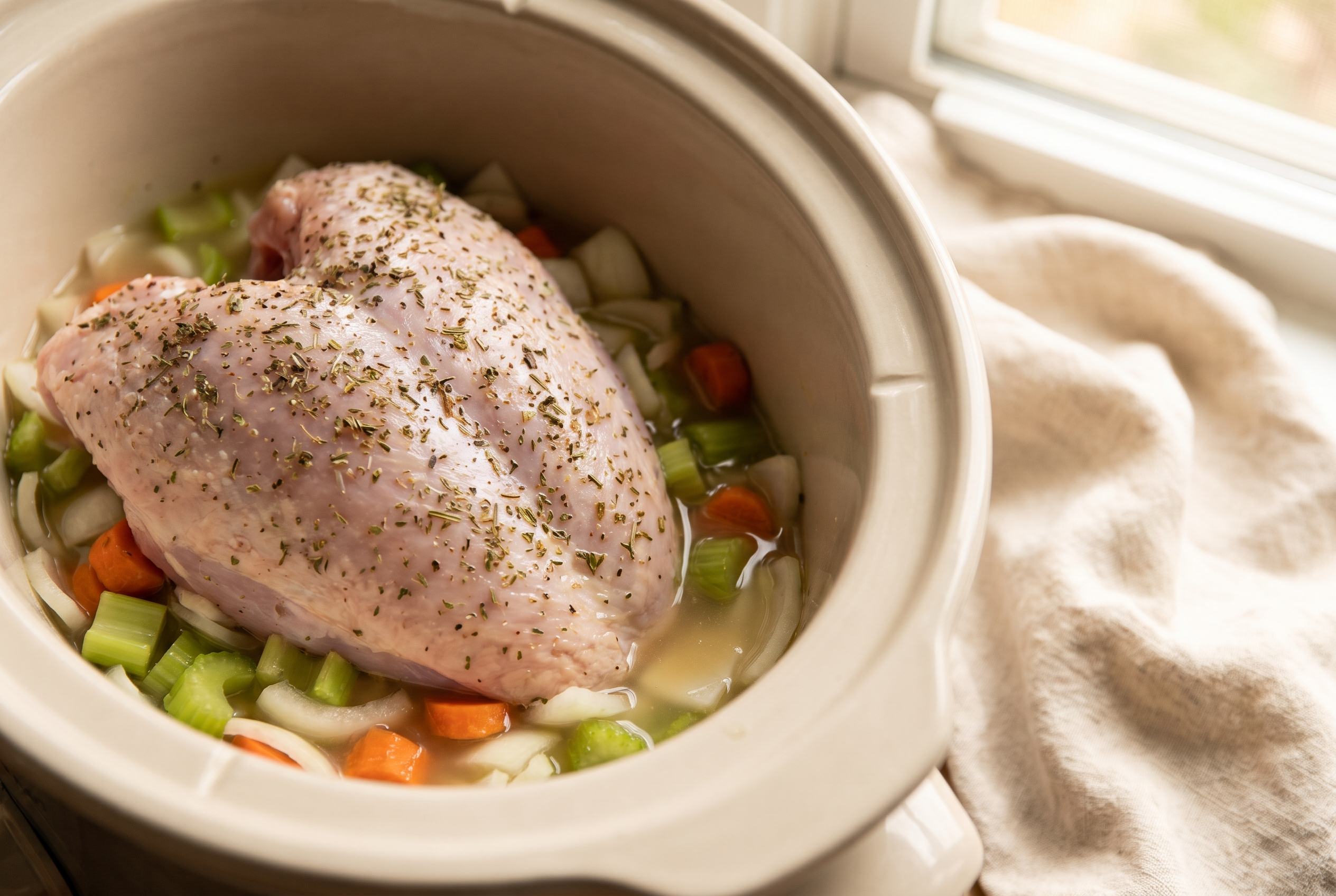 Turkey breast set on a bed of onion, celery and carrot in a slow cooker with broth