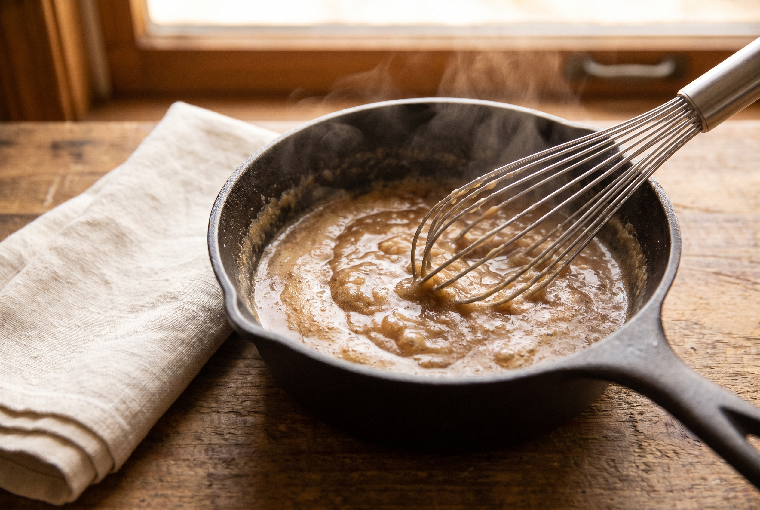 Slow cooker drippings being whisked with flour into gravy in a saucepan
