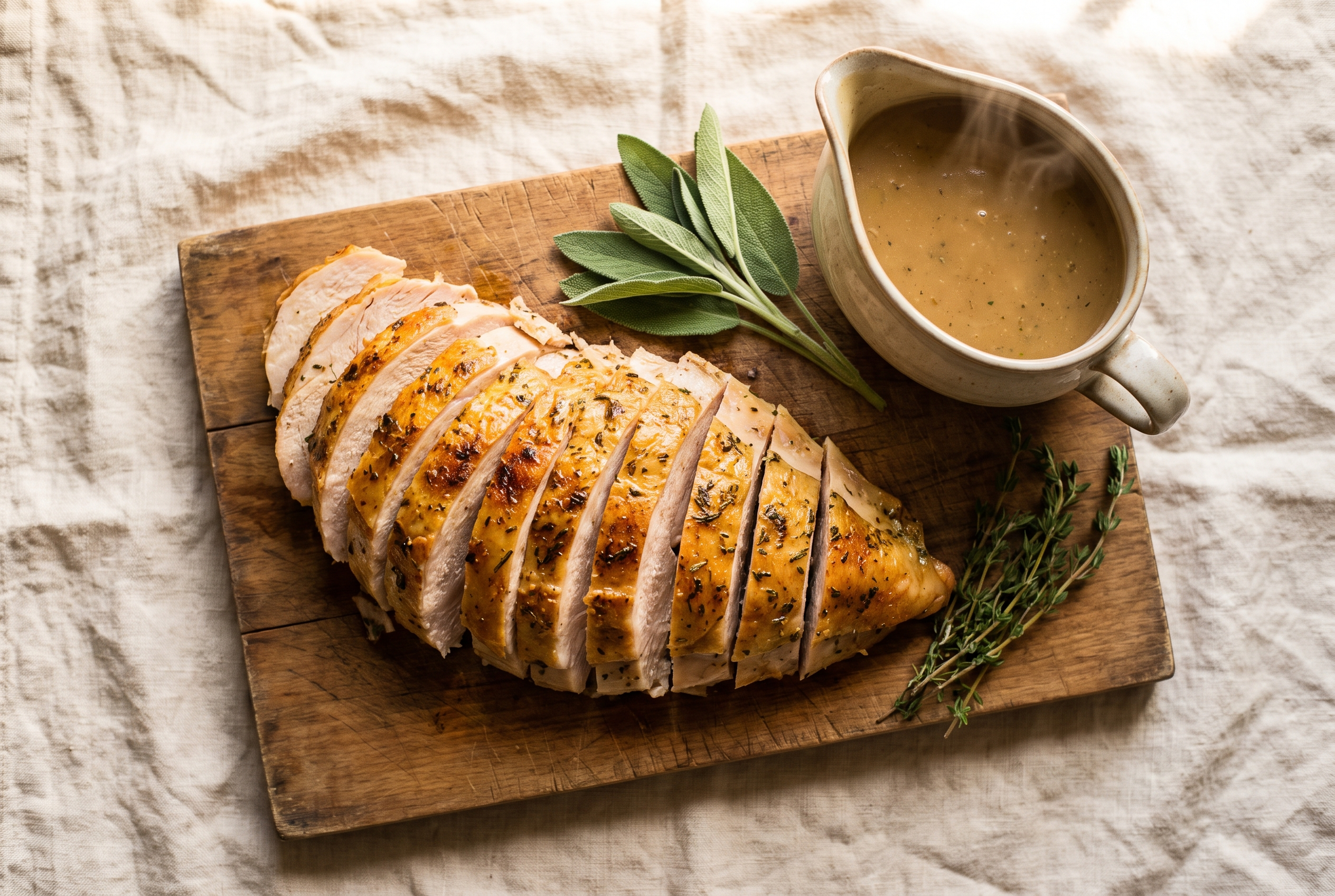 Sliced crockpot turkey breast with golden herb butter skin on a wooden board, with a gravy boat and fresh sage and thyme alongside