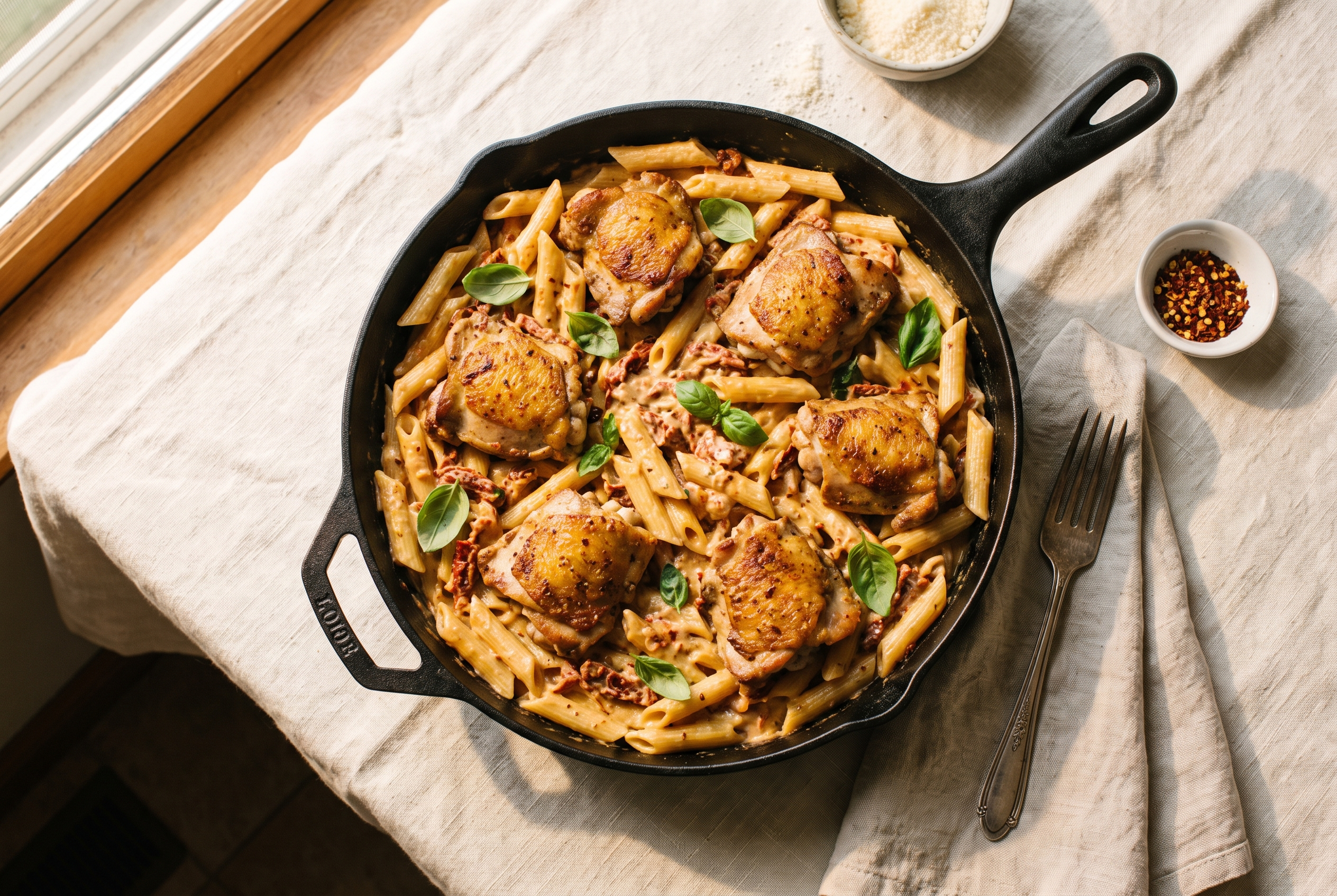 Marry me chicken pasta: penne in a creamy sun-dried tomato parmesan sauce with seared chicken pieces and fresh basil in a wide skillet