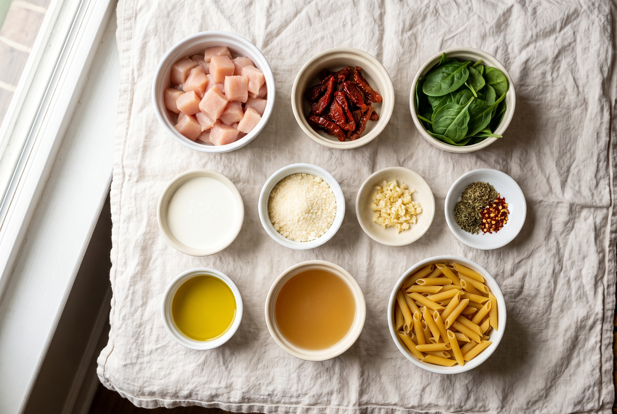 Ingredients for marry me chicken pasta in small bowls: diced chicken breast, Italian seasoning, paprika, sun-dried tomatoes, garlic, red pepper flakes, chicken broth, heavy cream, grated parmesan, dry penne and fresh basil