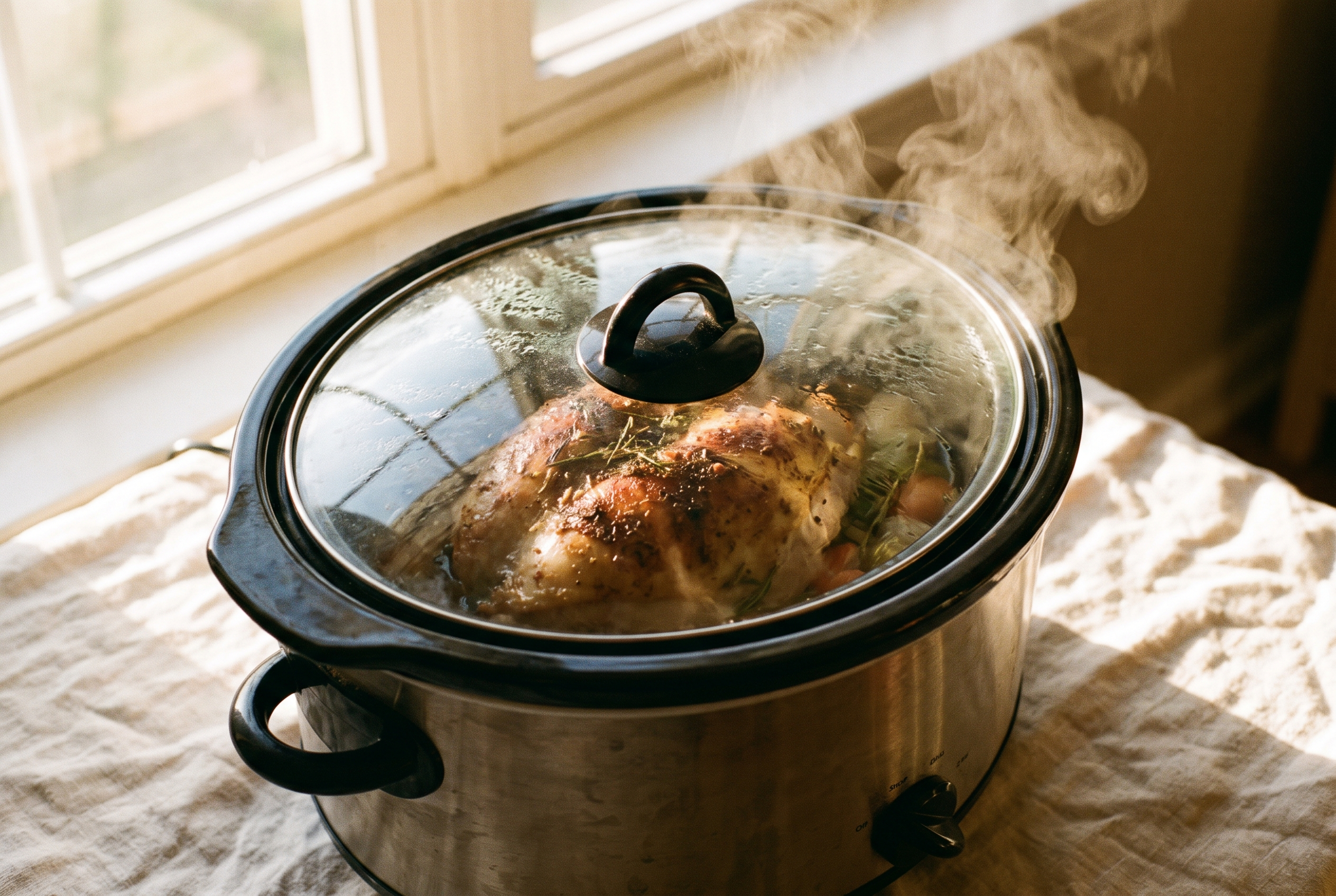A slow cooker with the lid on and steam rising, the turkey breast visible cooking inside