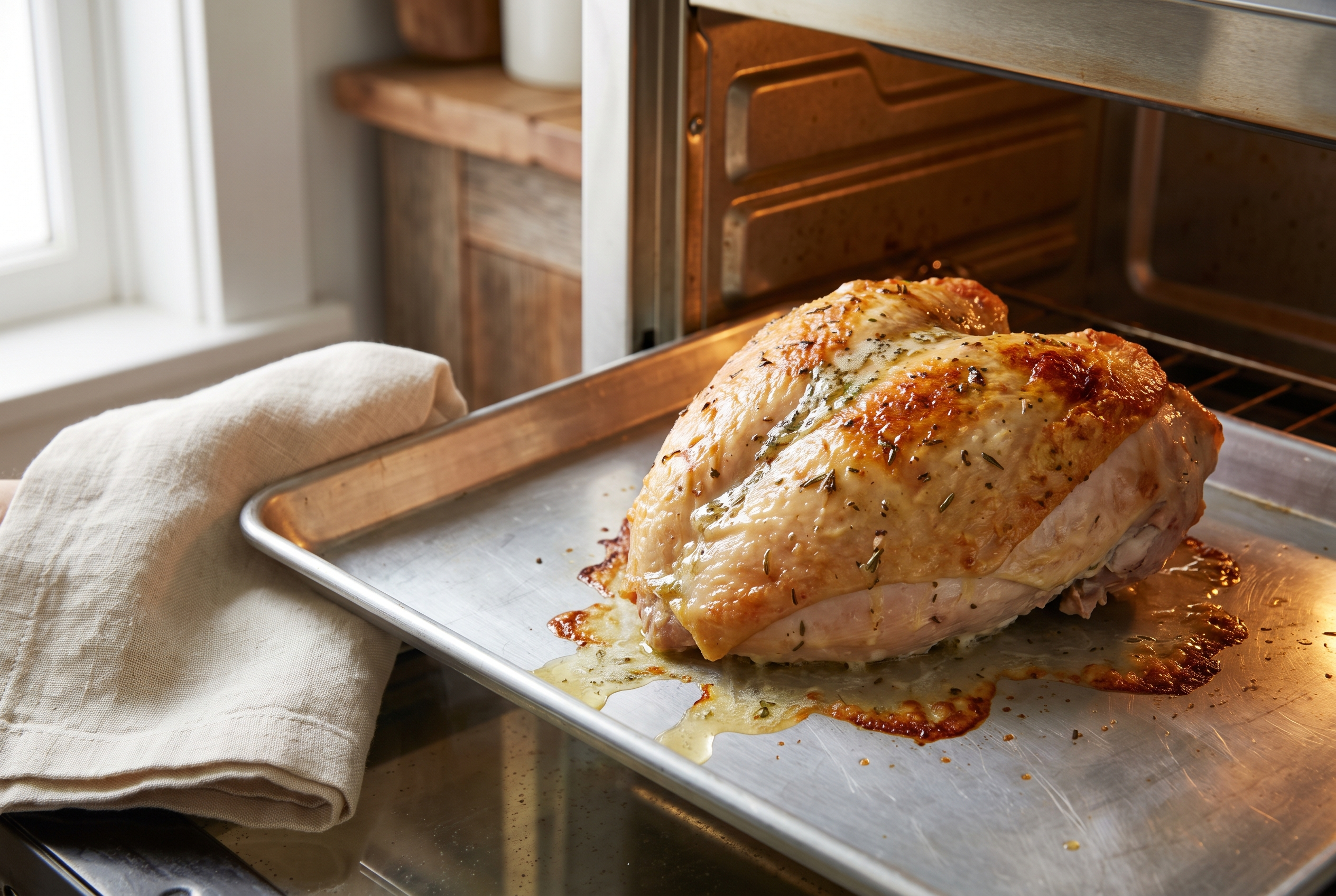 Turkey breast under the broiler on a sheet pan, skin turning golden and crisp