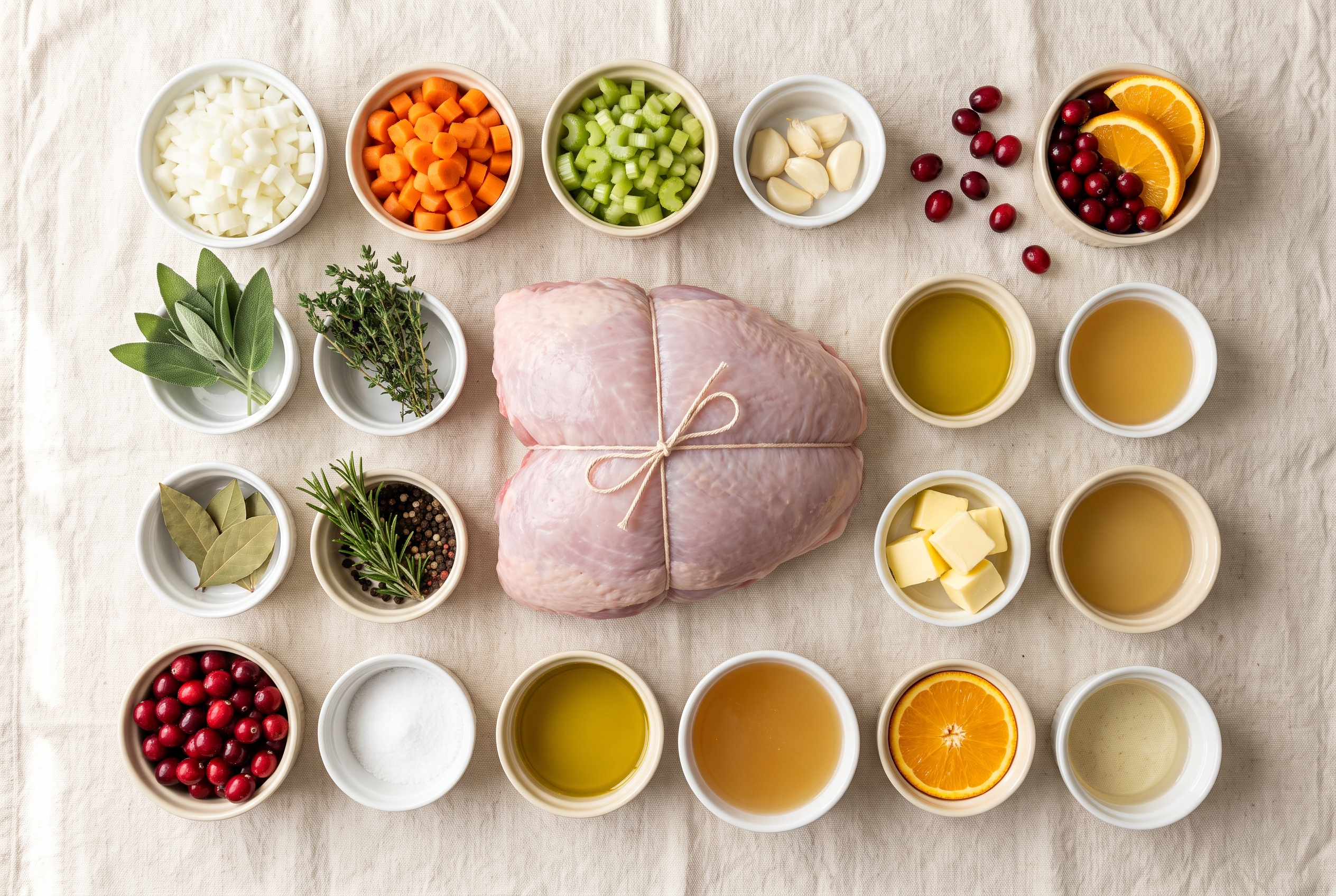Ingredients for crockpot turkey breast: a bone-in turkey breast, softened butter, garlic, fresh sage, thyme and rosemary, lemon, onion, celery, carrots, chicken broth and flour