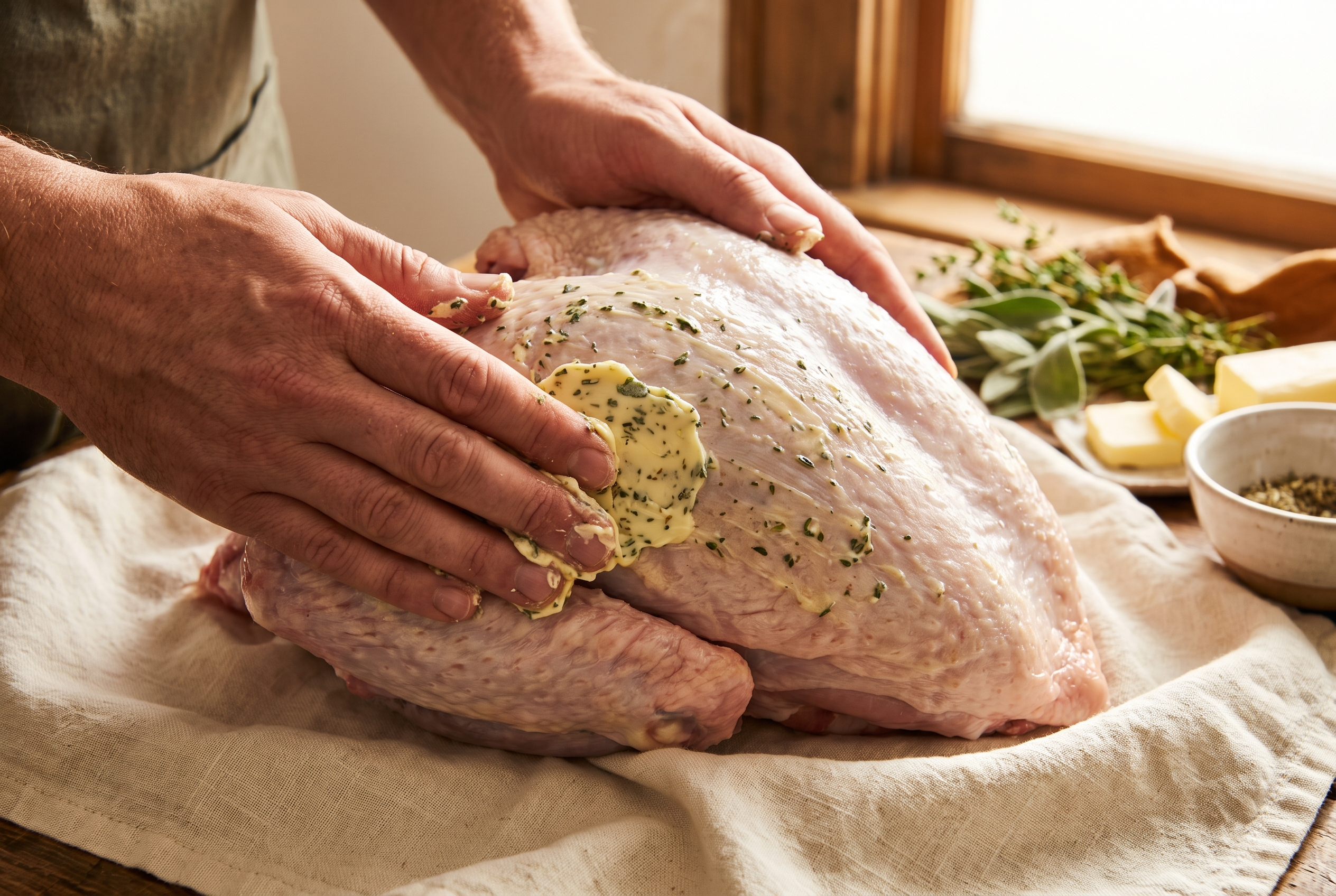 Herb butter being rubbed under and over the skin of a bone-in turkey breast