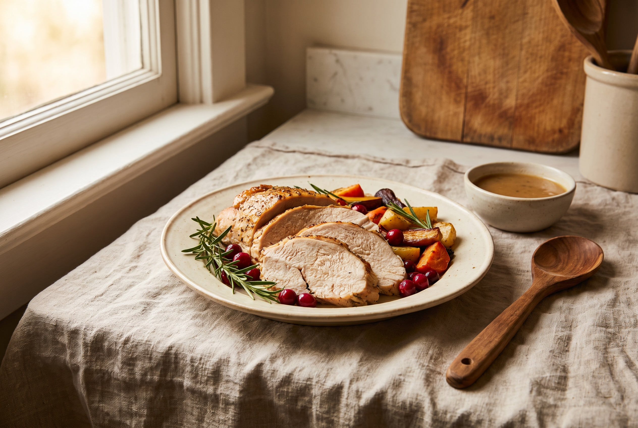 Slices of juicy crockpot turkey breast on a plate with golden skin, gravy, mashed potatoes and green beans