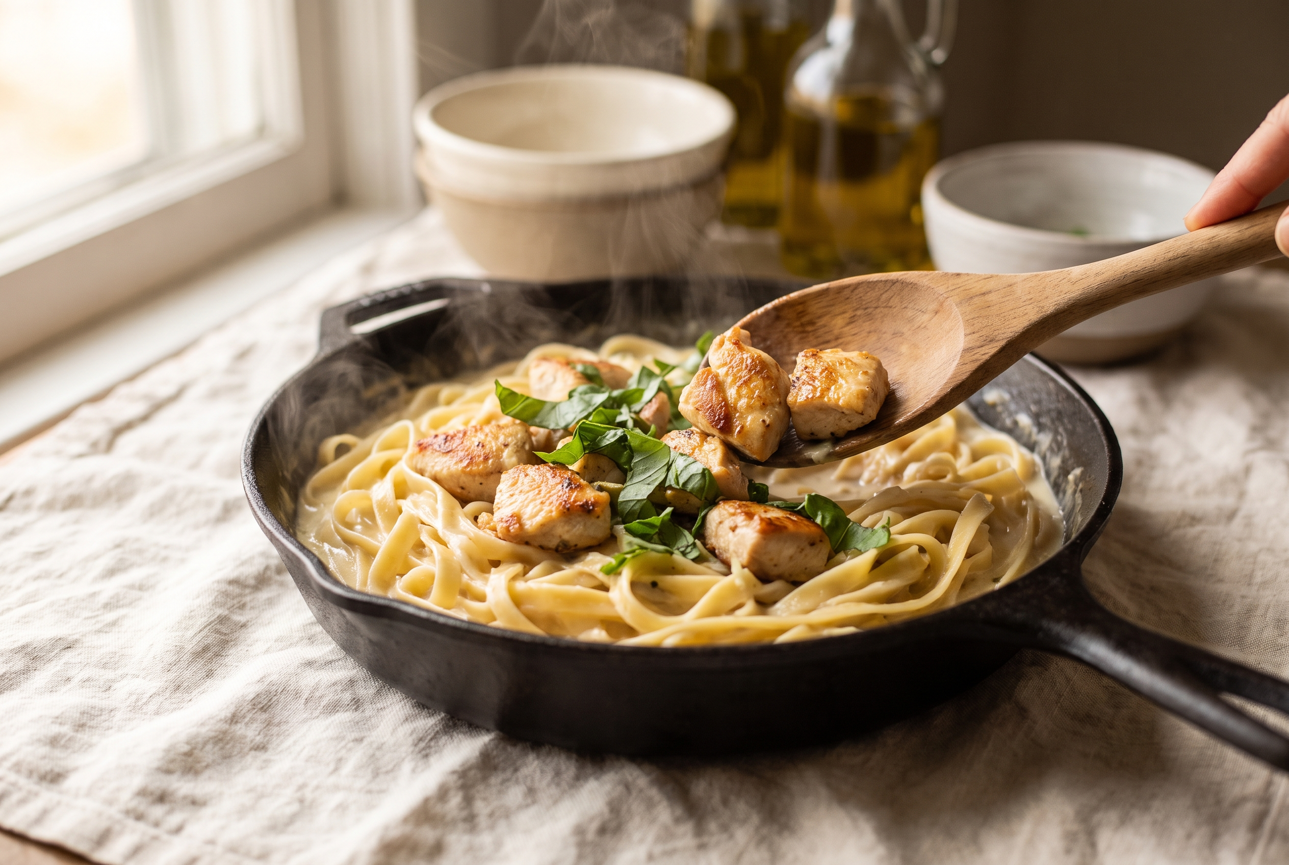 Seared chicken and torn basil being folded back into the creamy pasta