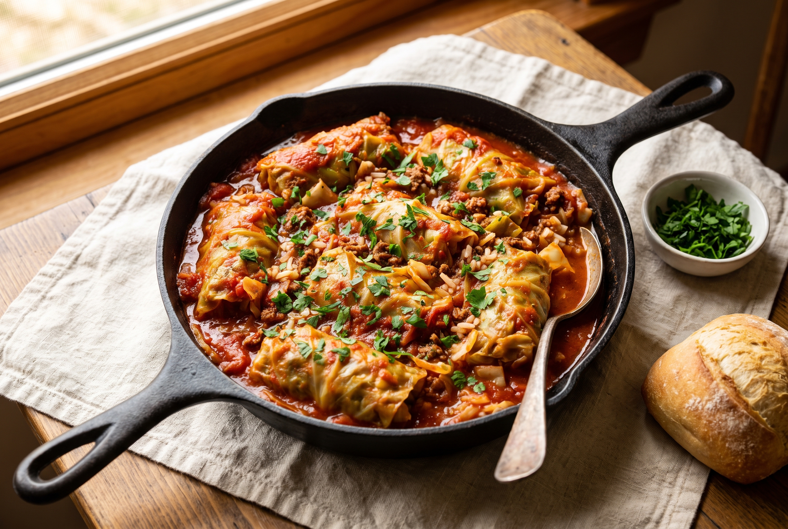 Unstuffed cabbage rolls in a deep skillet: lean ground beef, rice and tender chopped cabbage simmered in a glossy tomato sauce and sprinkled with fresh parsley