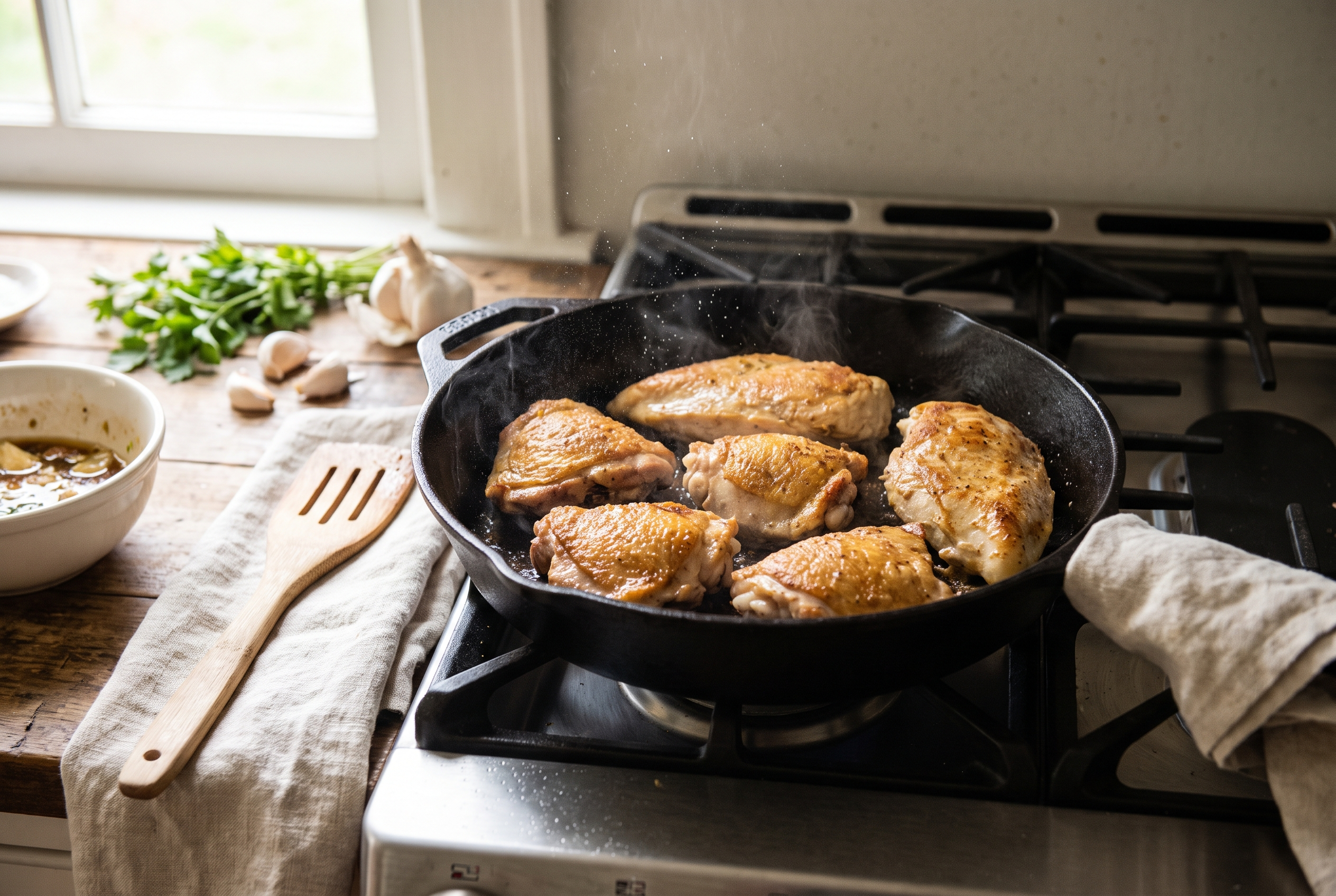 Chicken pieces searing golden in a large skillet