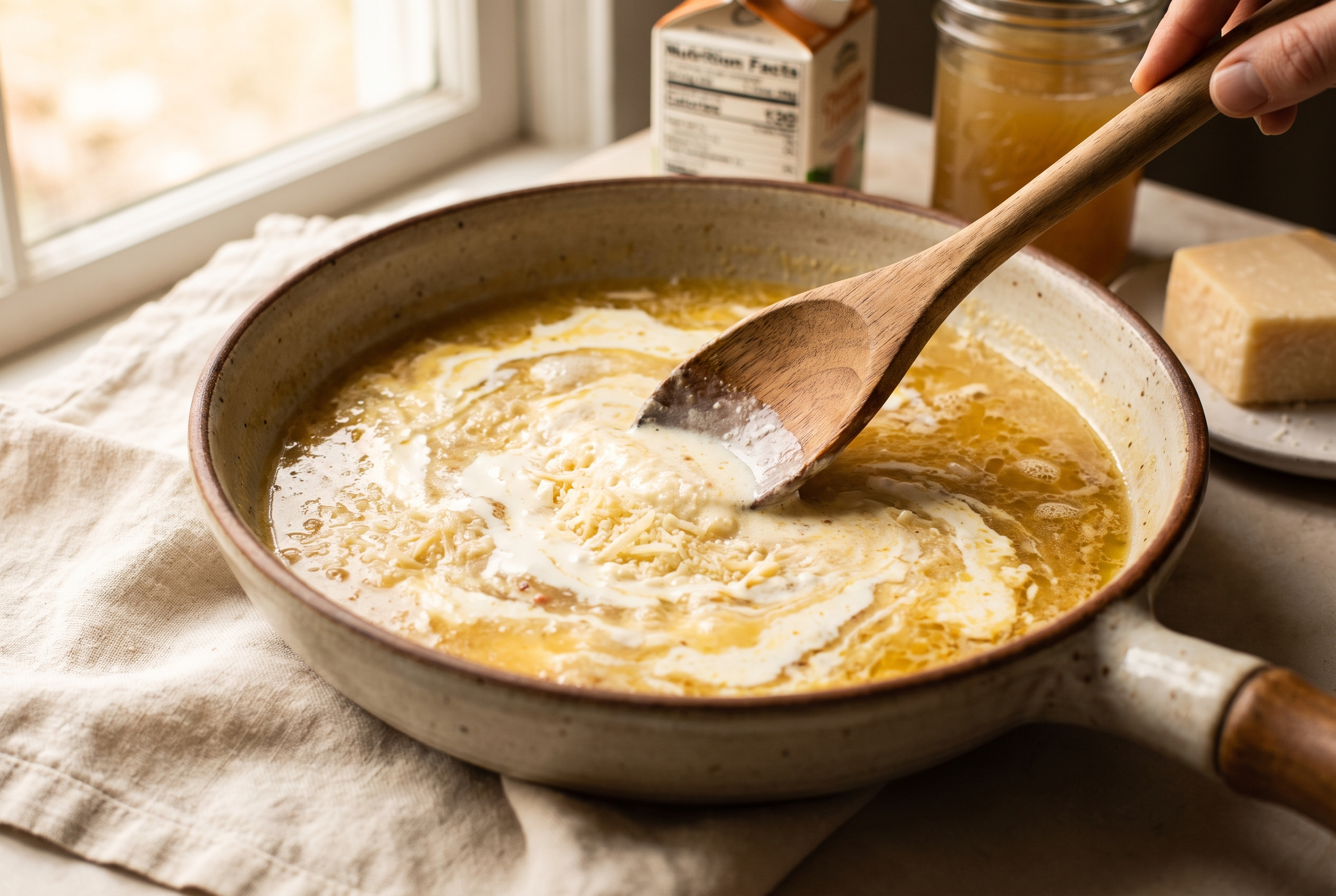 Heavy cream, chicken broth and parmesan being stirred into a creamy sun-dried tomato sauce