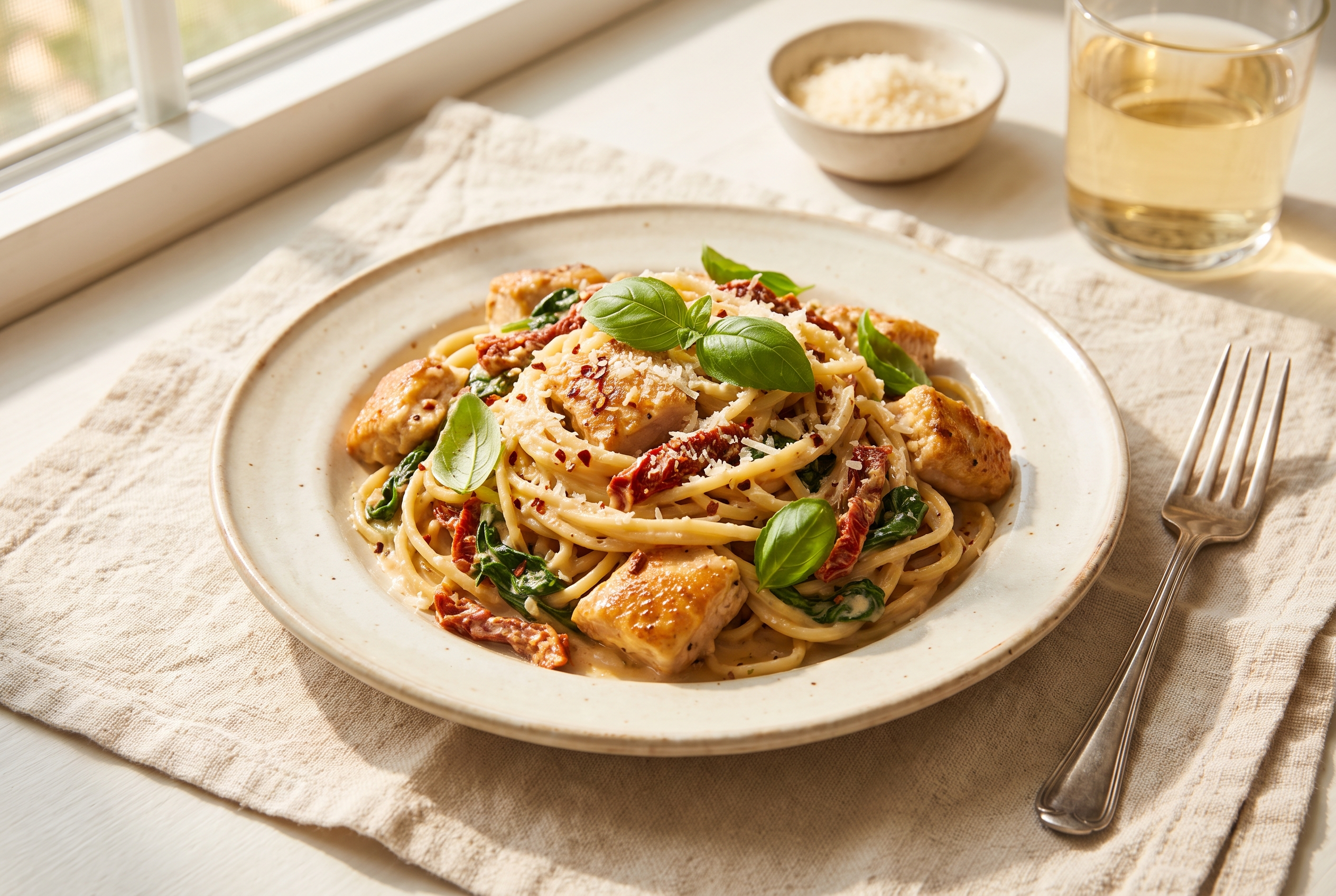 A bowl of marry me chicken pasta with penne, chicken pieces and sun-dried tomatoes in a creamy parmesan sauce, topped with fresh basil and grated parmesan