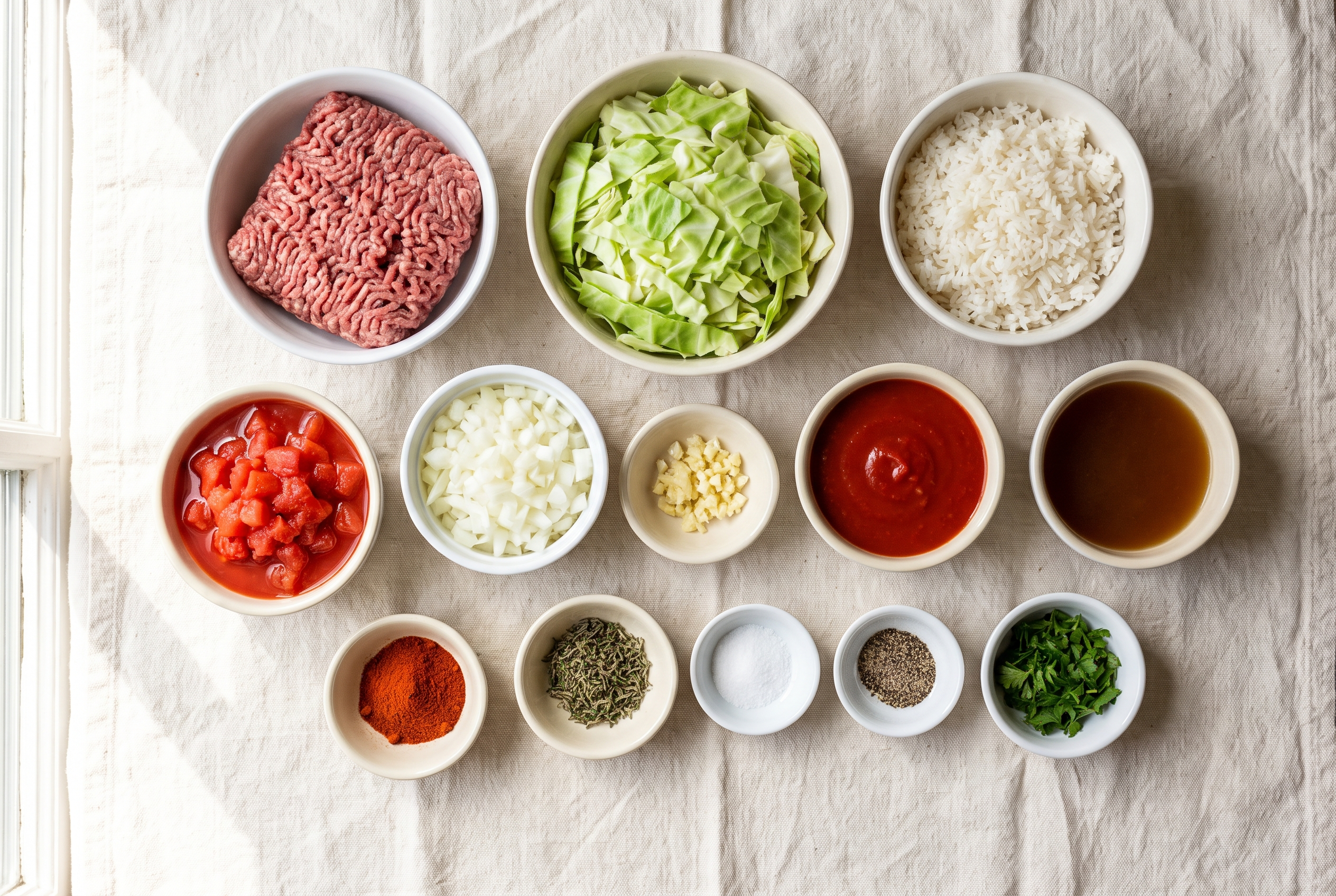 Ingredients for unstuffed cabbage rolls: a head of green cabbage, lean ground beef, diced onion, garlic, crushed tomatoes, tomato sauce, smoked paprika, brown sugar, apple cider vinegar, cooked rice and parsley, set out for a lazy cabbage roll skillet
