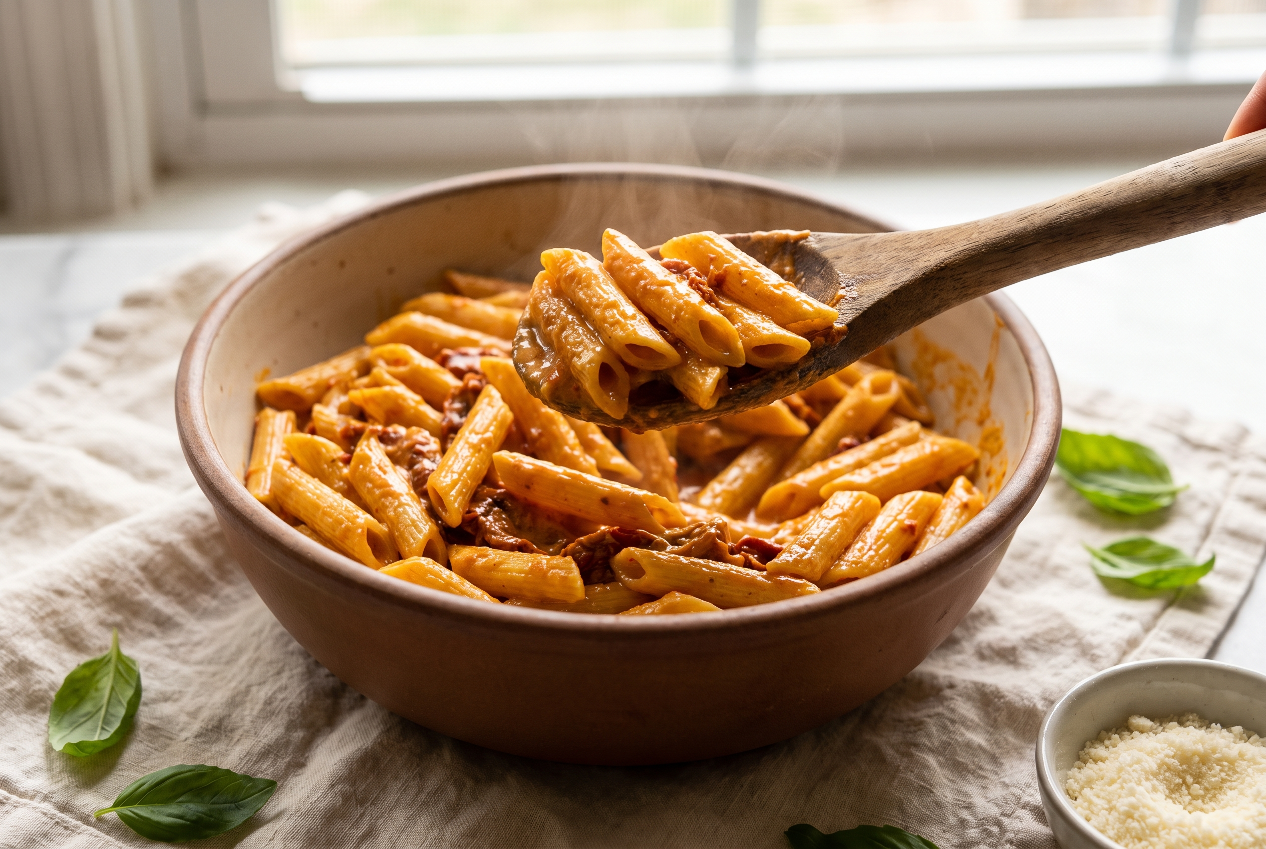 Cooked penne being tossed into the sun-dried tomato cream sauce
