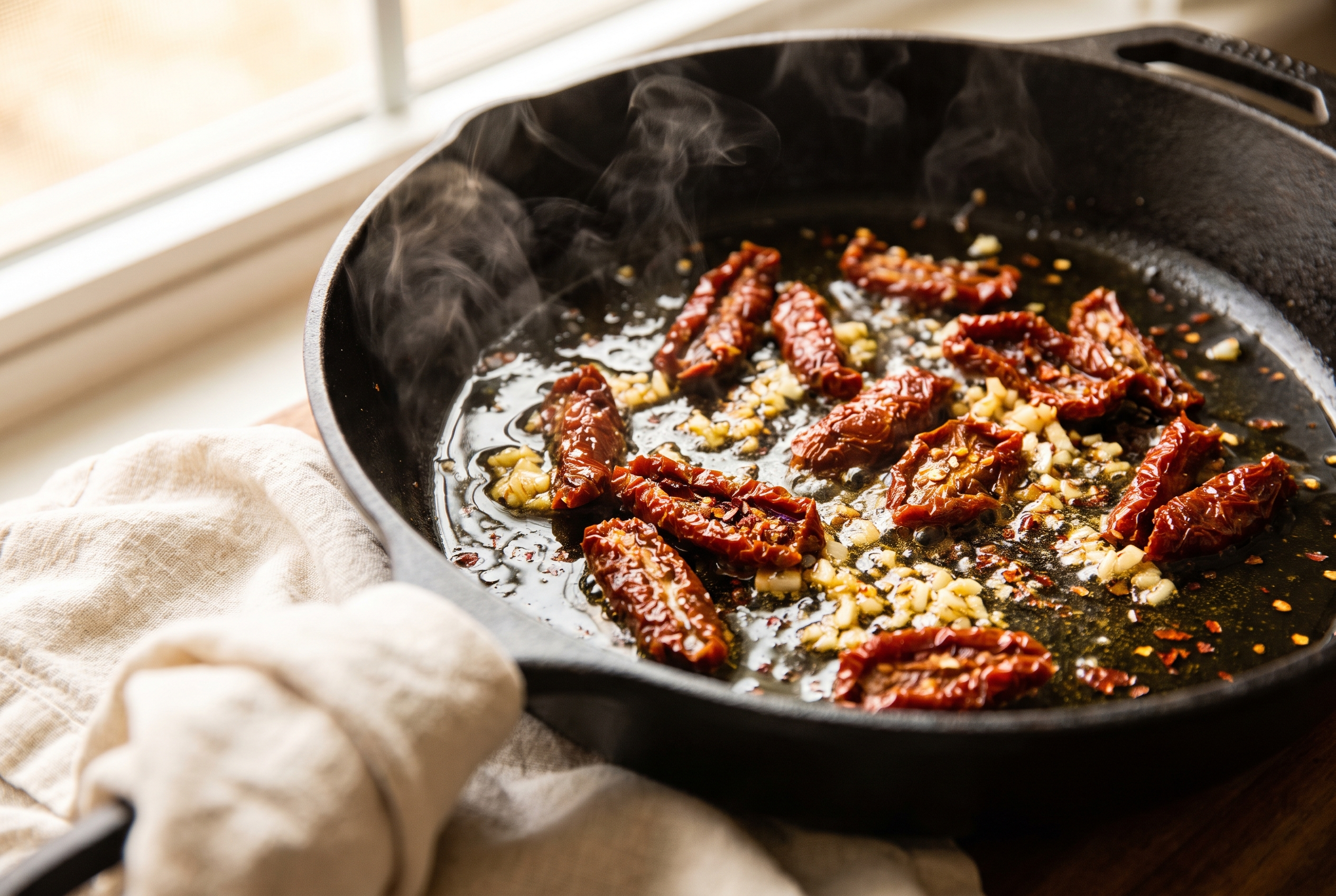 Chopped sun-dried tomatoes, garlic and red pepper flakes sizzling in the skillet