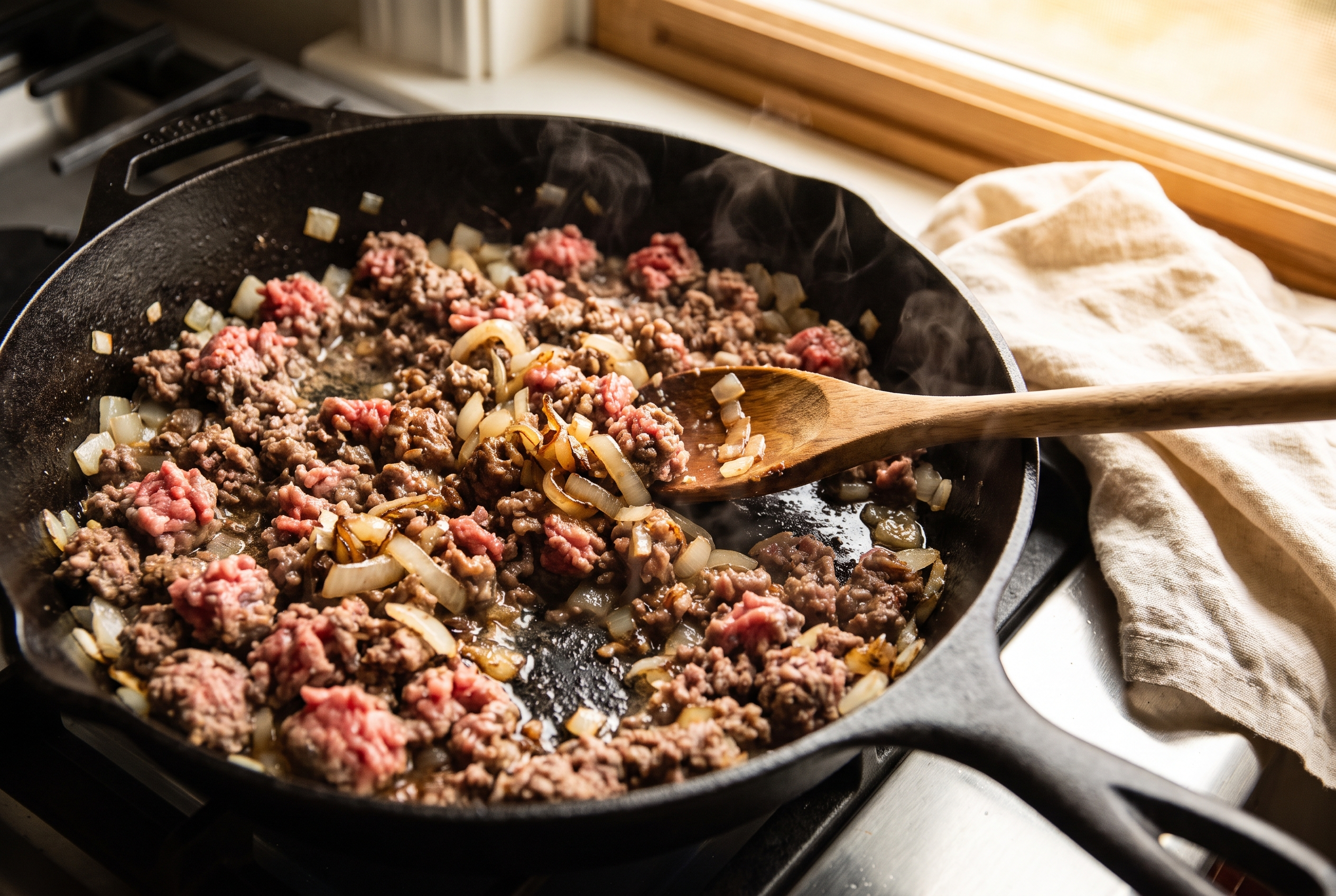 Lean ground beef and diced onion browning into crumbles in a large deep skillet with a wooden spoon
