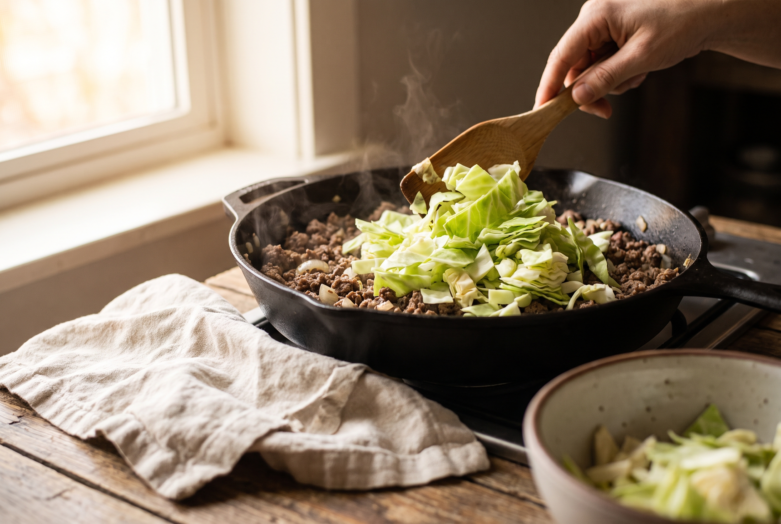 A mound of chopped green cabbage being piled into a deep skillet on top of browned ground beef