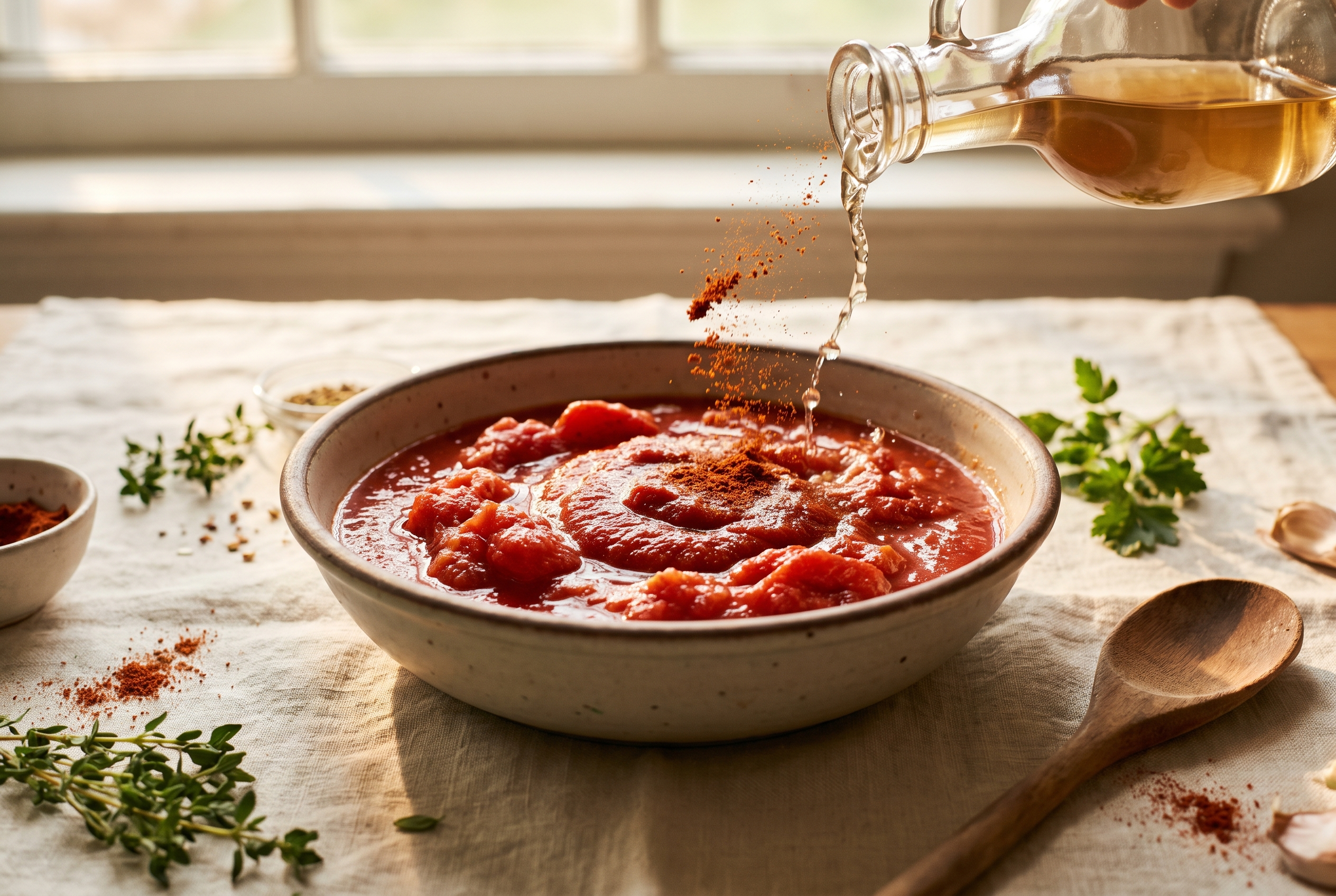 Crushed tomatoes and tomato sauce being poured over cabbage and beef in a skillet, with smoked paprika and a splash of vinegar