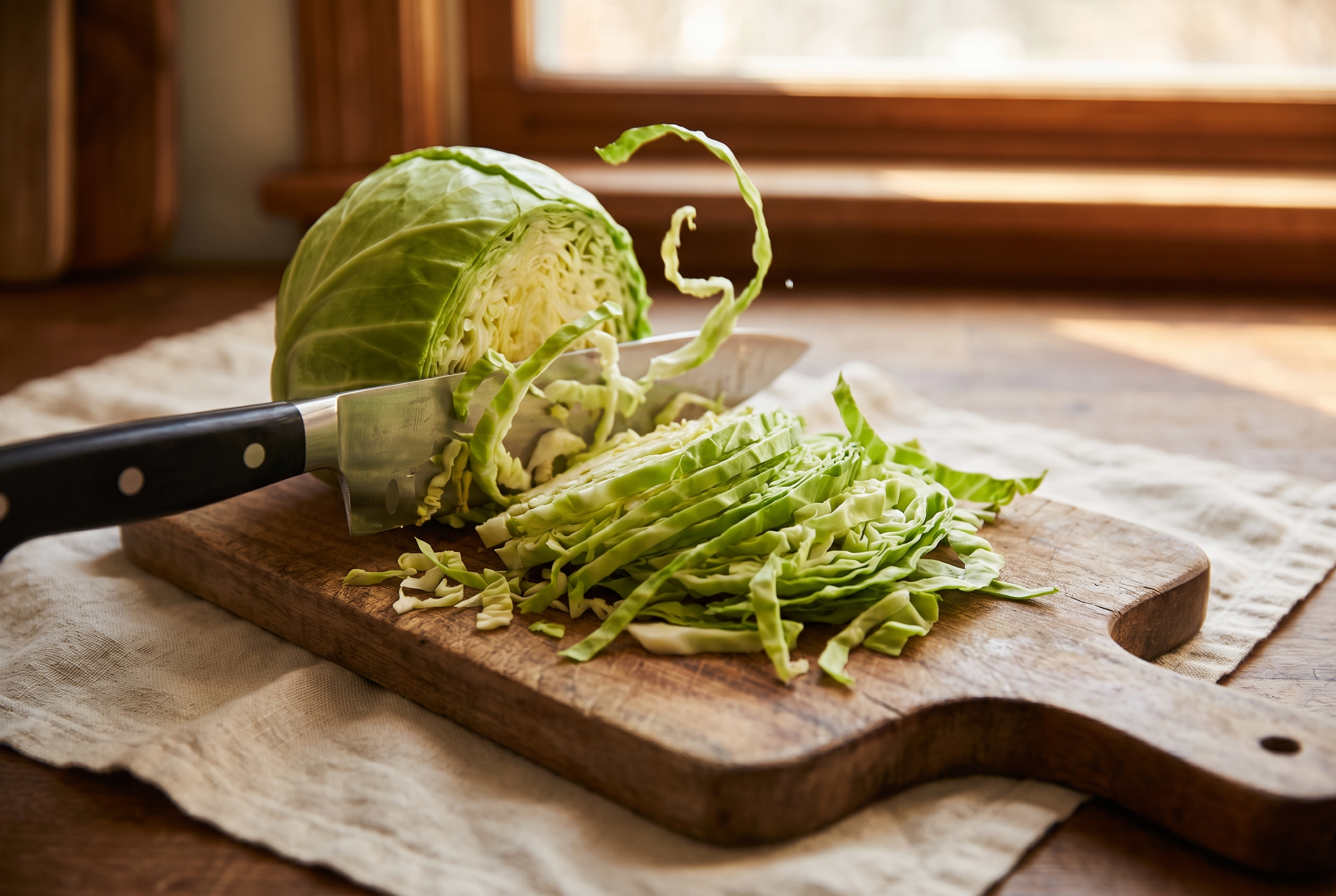 A head of green cabbage cut into quarters and sliced into ½-inch ribbons with a chef knife on a wooden cutting board
